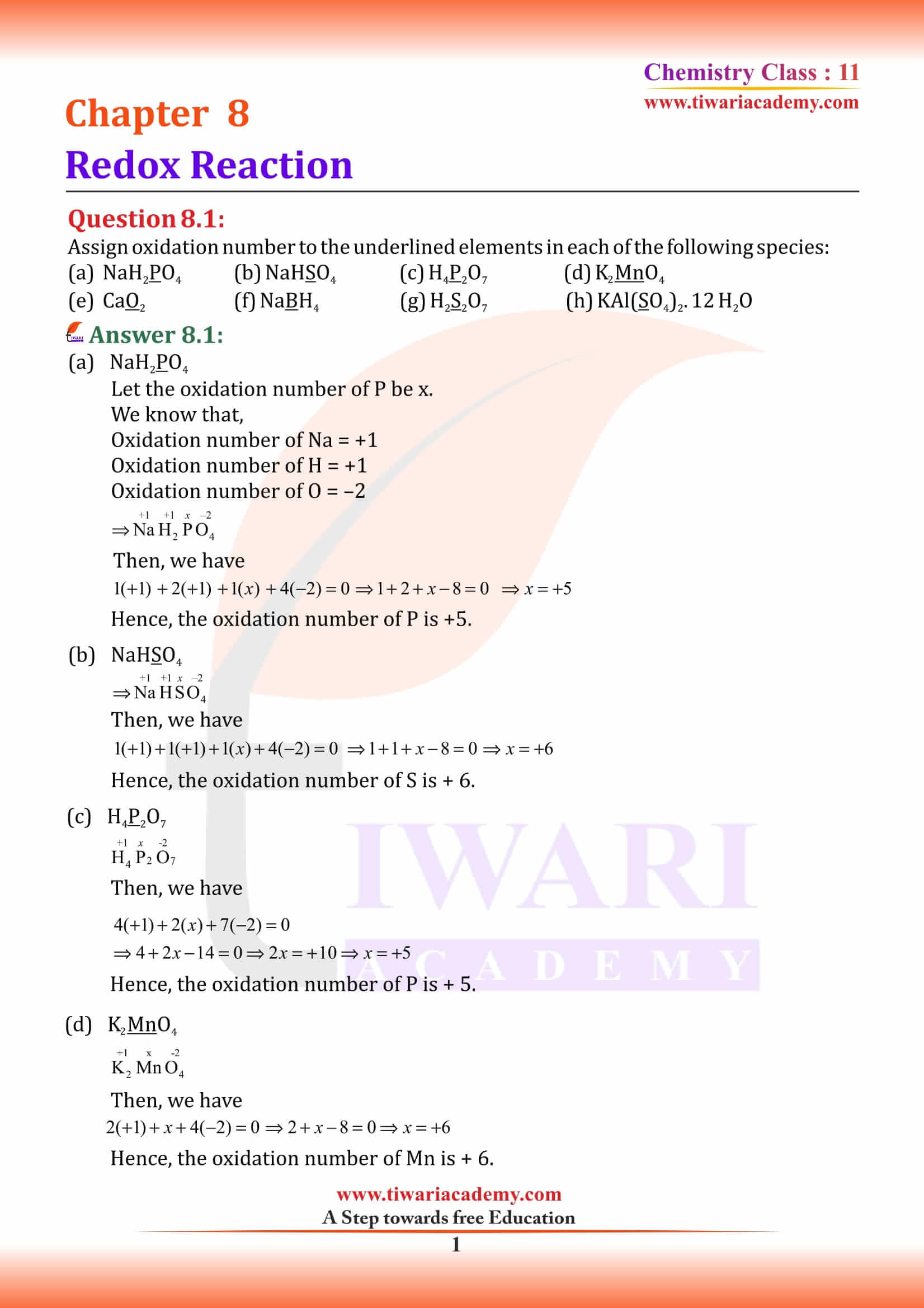 Class 11 Chemistry Chapter 8 Redox Reactions