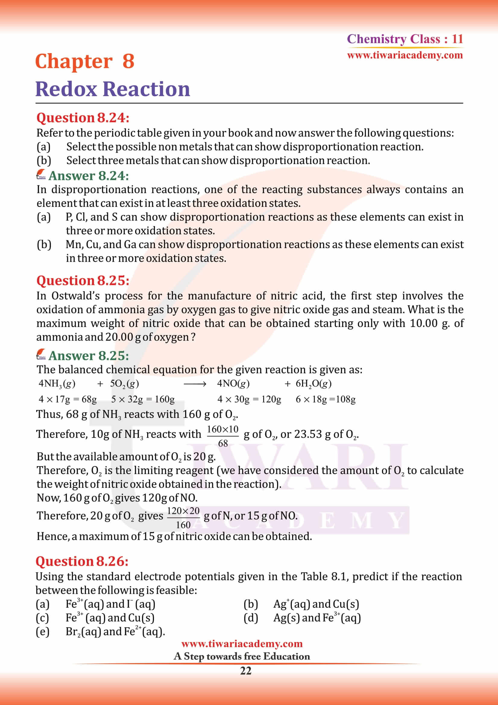 Class 11 Chemistry Chapter 8 exercsies answers in English medium