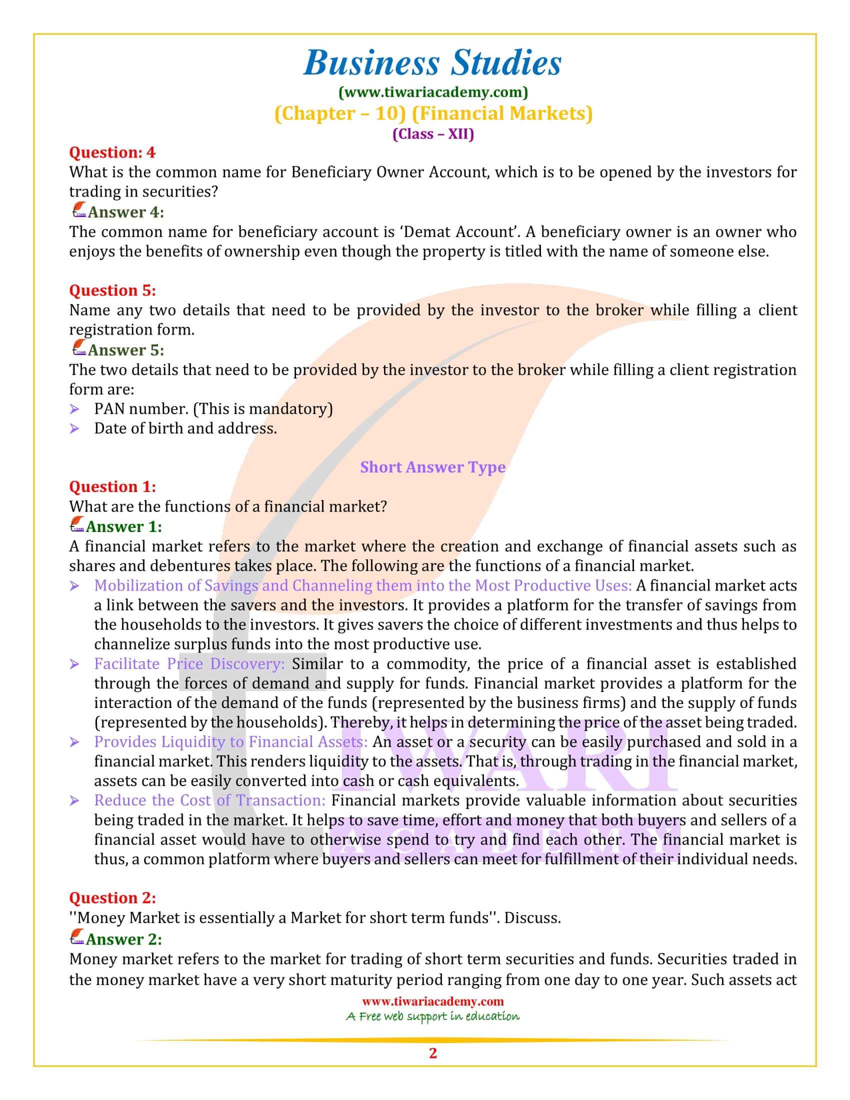 Class 12 Business Studies Chapter 10 Financial Markets