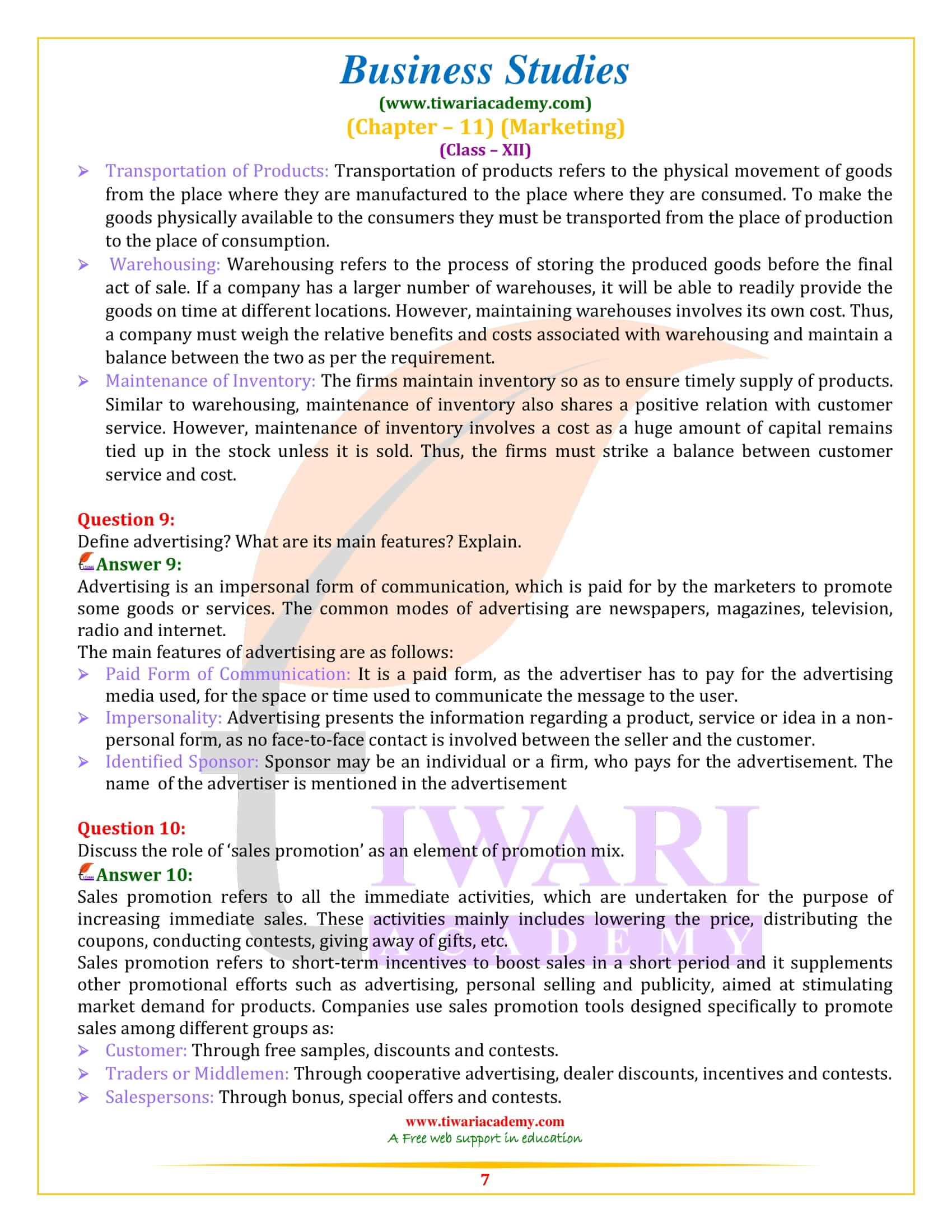 NCERT Solutions for Class 12 Business Studies Chapter 11 question answers