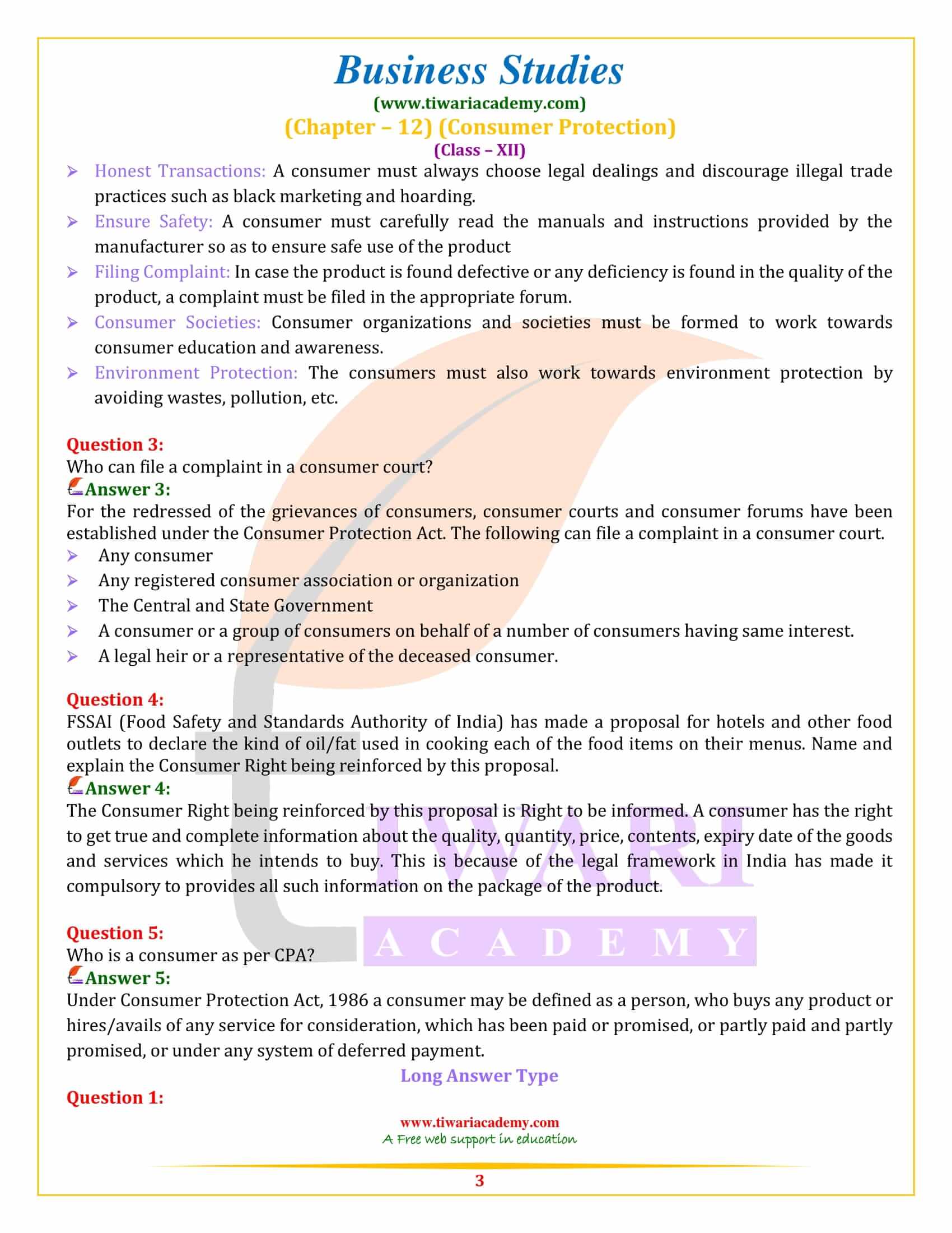 Class 12 Business Studies Chapter 12 Consumer Protection