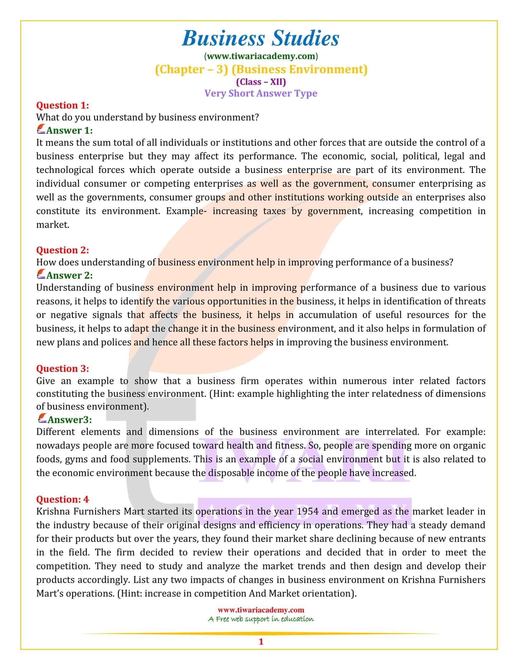 Class 12 Business Studies Chapter 3 Business Environment