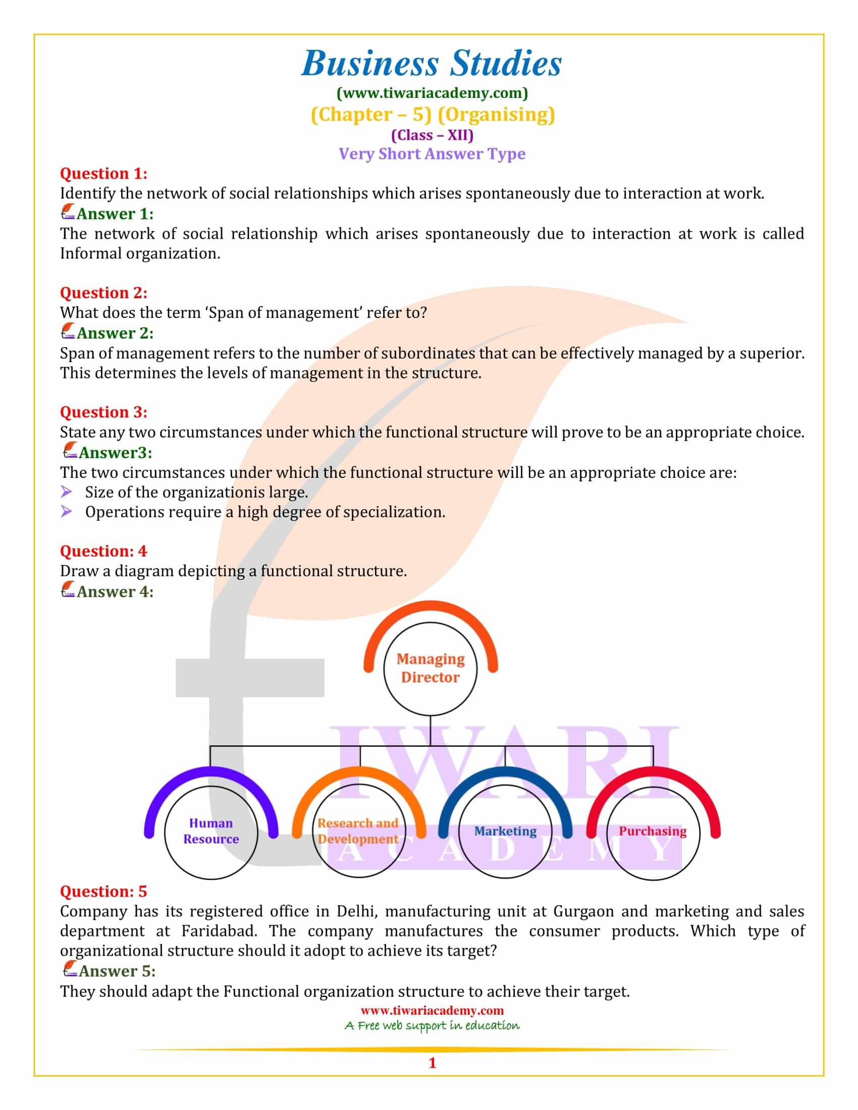 Class 12 Business Studies Chapter 5 Organising