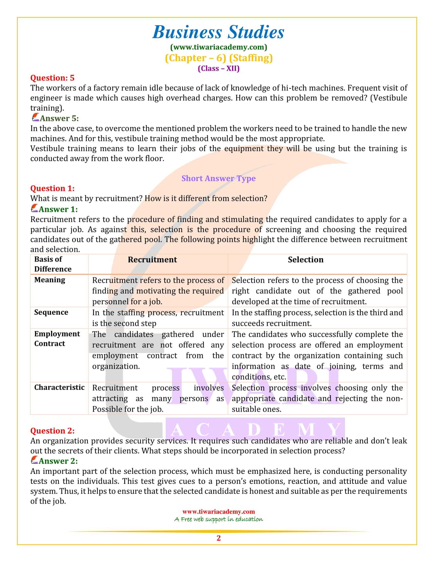 Class 12 Business Studies Chapter 6 Staffing