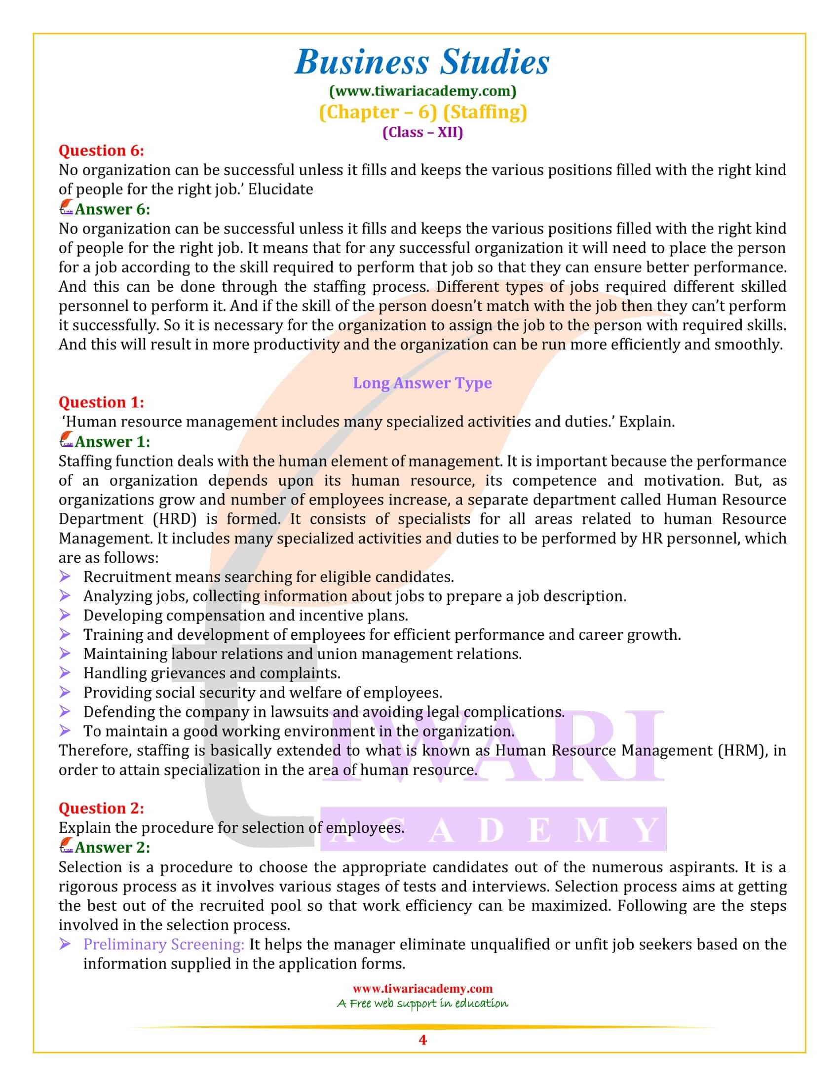 NCERT Solutions for Class 12 Business Studies Chapter 6 in English Medium