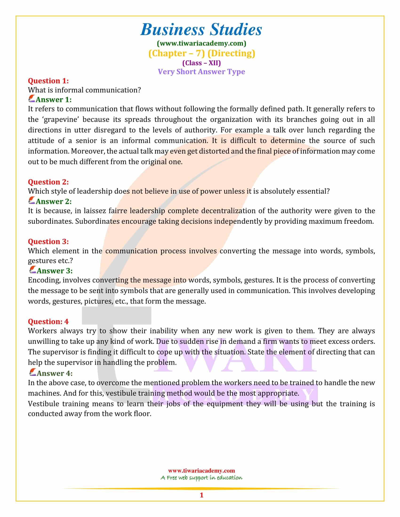 NCERT Solutions for Class 12 Business Studies Chapter 7