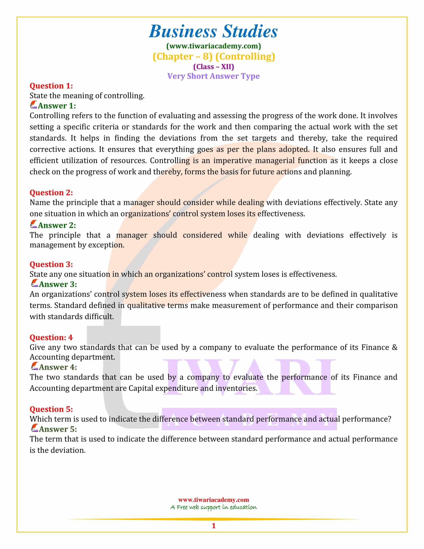Class 12 Business Studies Chapter 8 Controlling