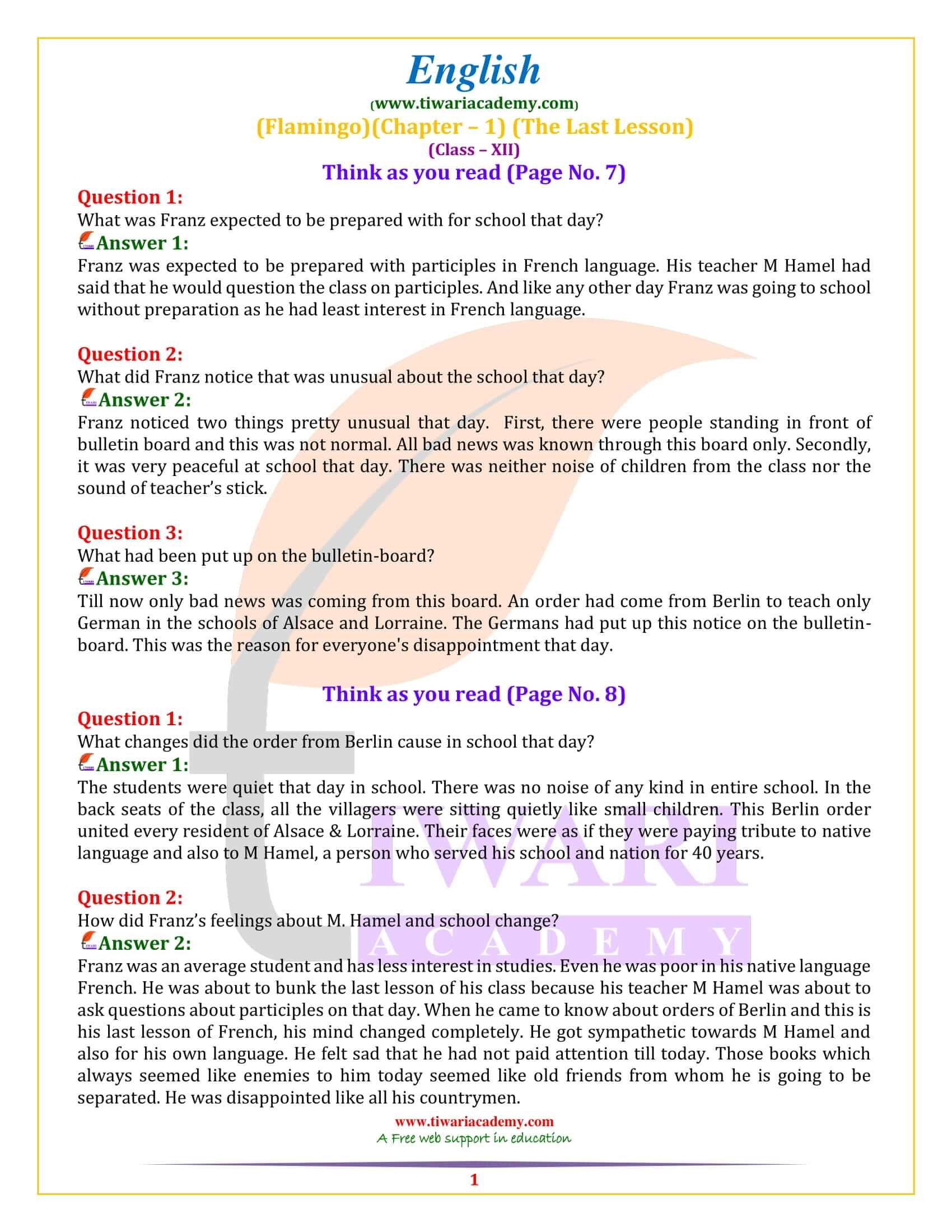 NCERT Solutions for Class 12 English Flamingo Chapter 1 the Last Lesson