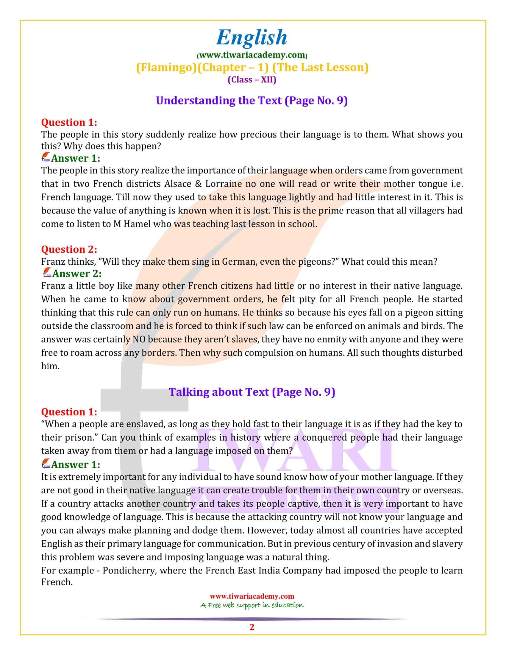 Class 12 English Flamingo Chapter 1 the Last Lesson answers