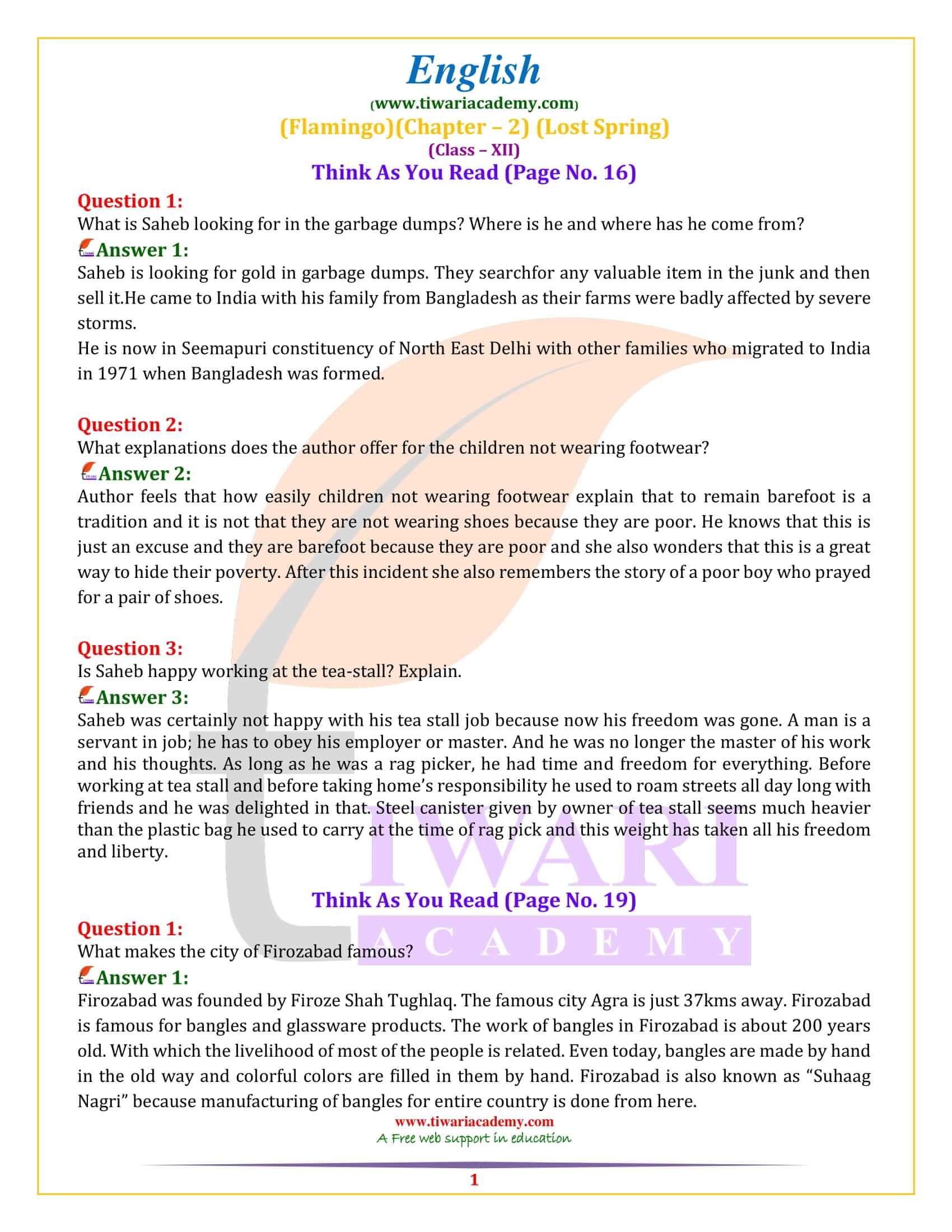 NCERT Solutions for Class 12 English Chapter 2 Lost Spring