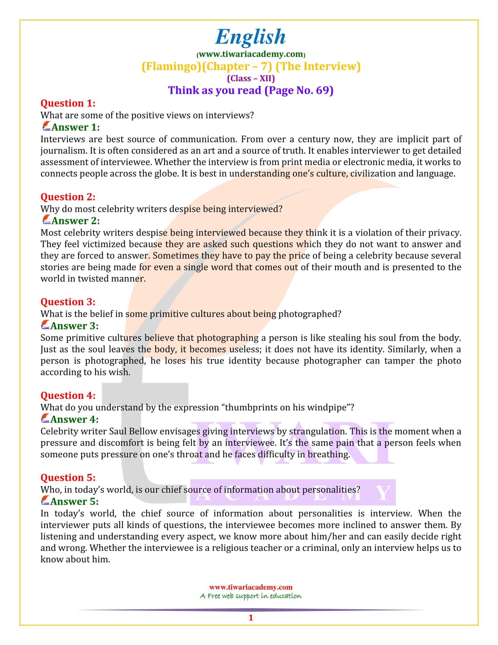 NCERT Solutions for Class 12 English Chapter 7 the Interview