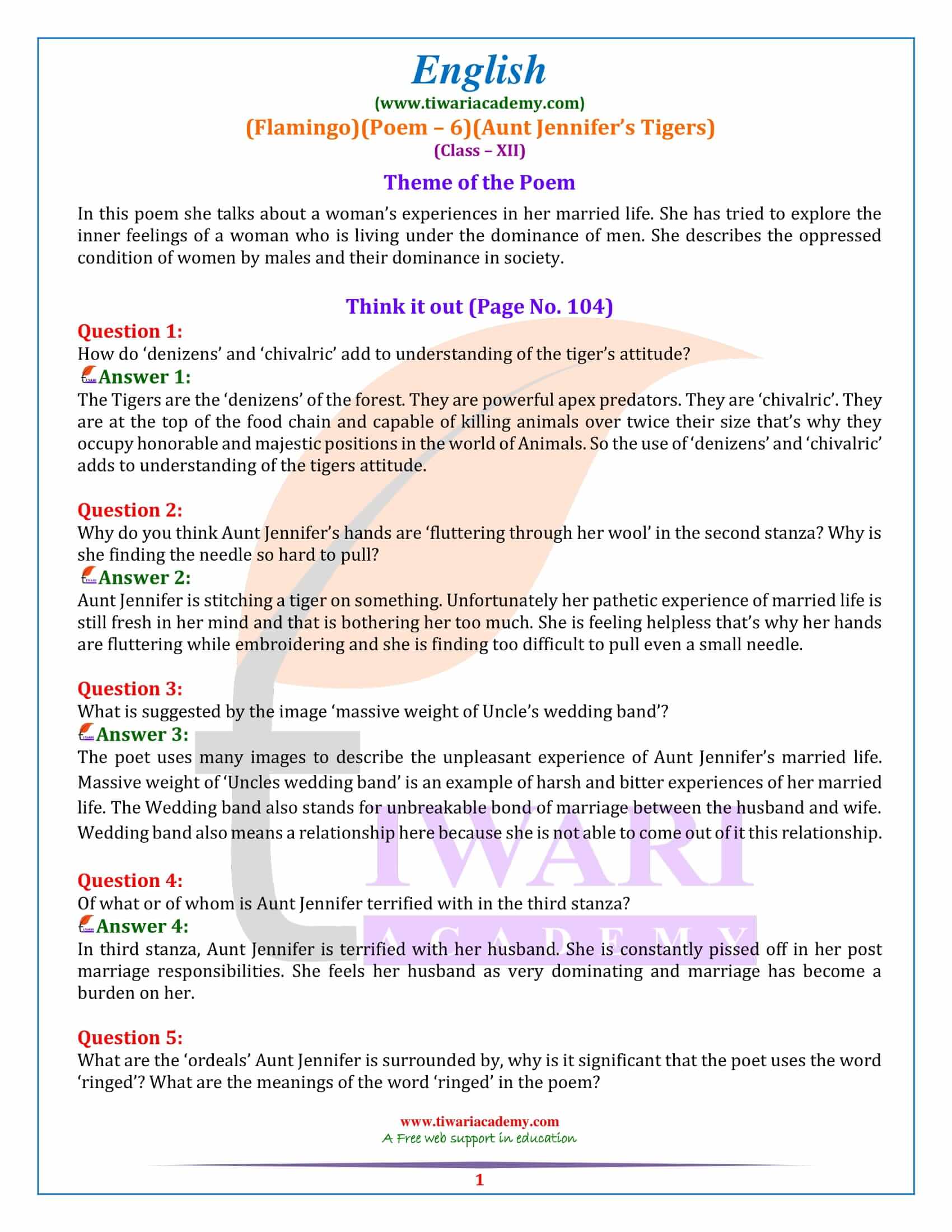 Class 12 English Poem 6 Aunt Jennifers Tigers