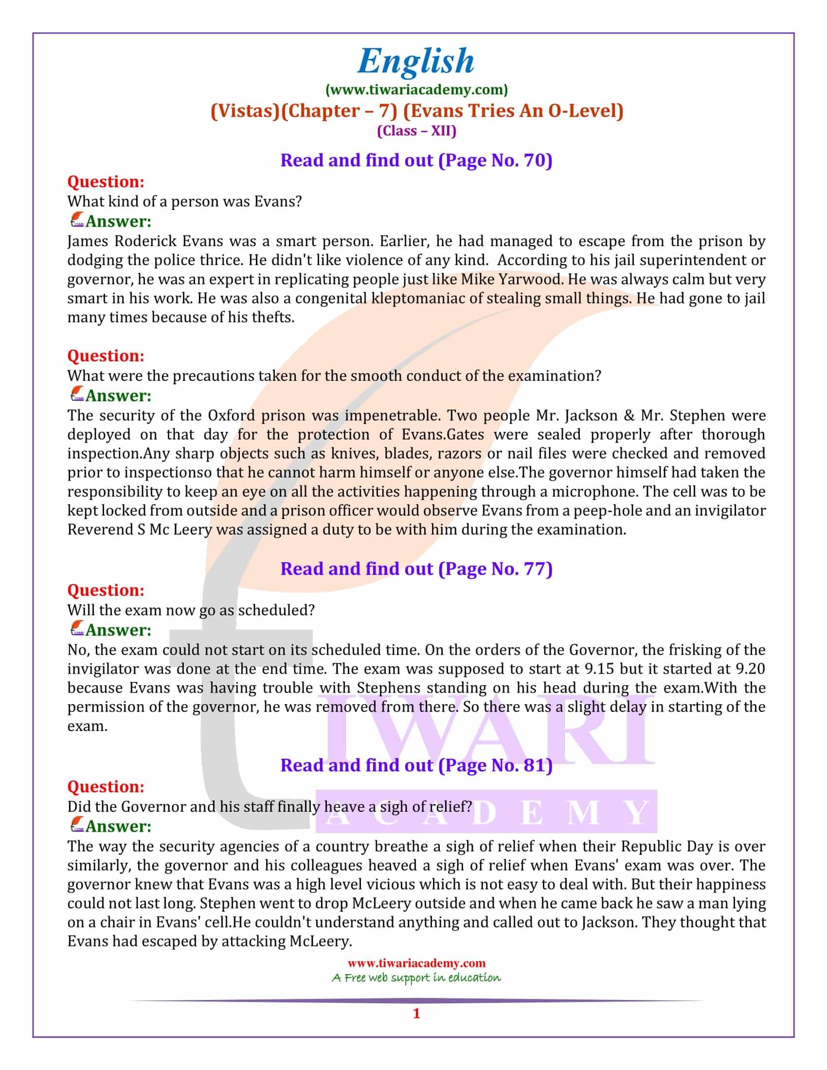 Class 12 English Vistas Chapter 7 Evans Tries an O level