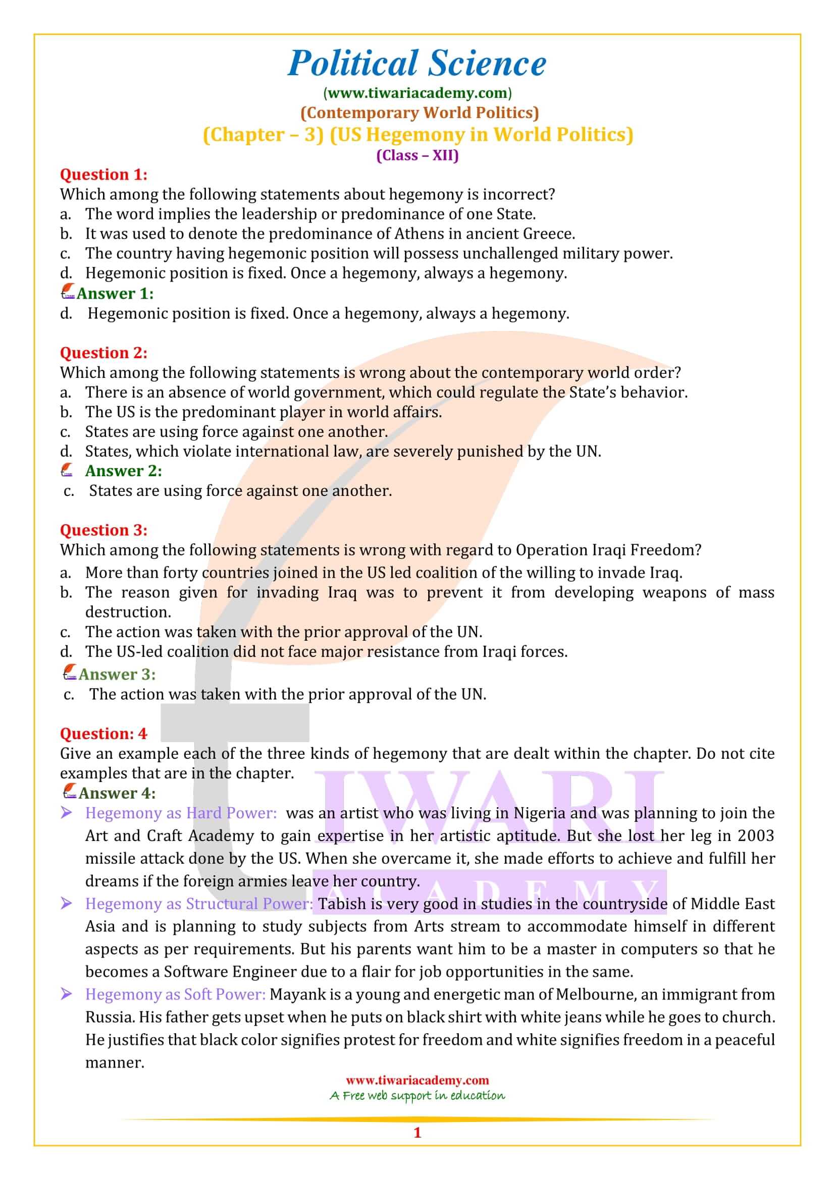 Class 12 Political Science Chapter 3 US Hegemony in World Politics