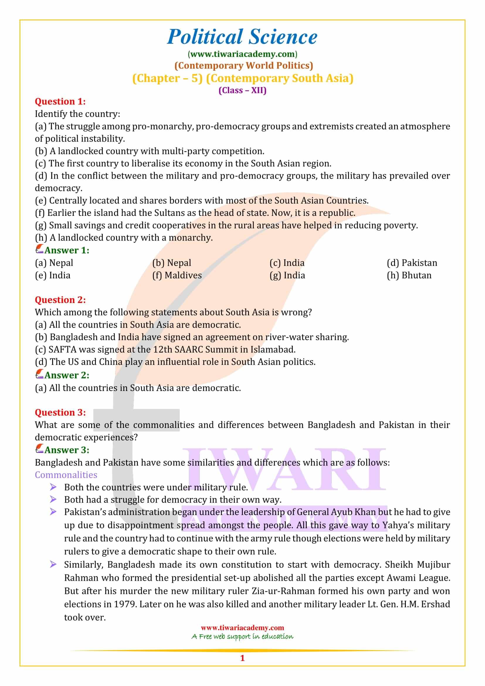 Class 12 Political Science Chapter 5 Contemporary South Asia