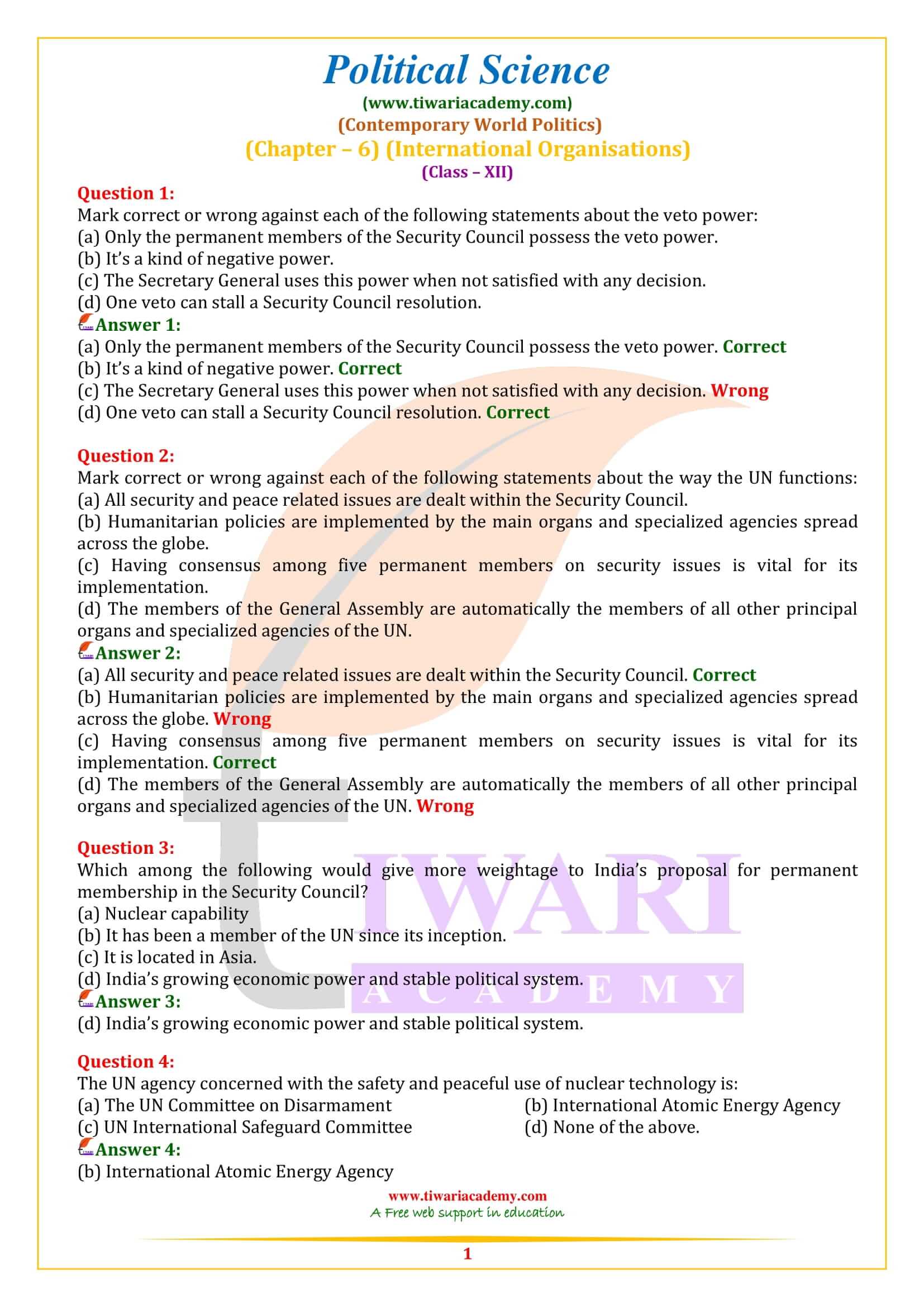 Class 12 Political Science Chapter 6 International Organisations