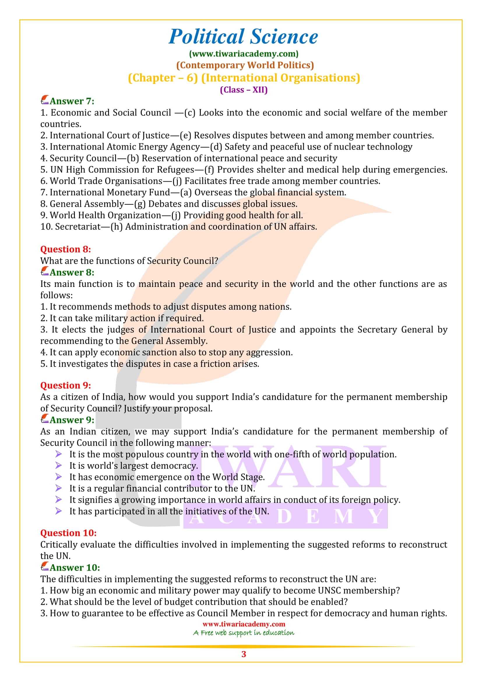 NCERT Solutions for Class 12 Political Science Chapter 6 in English Medium