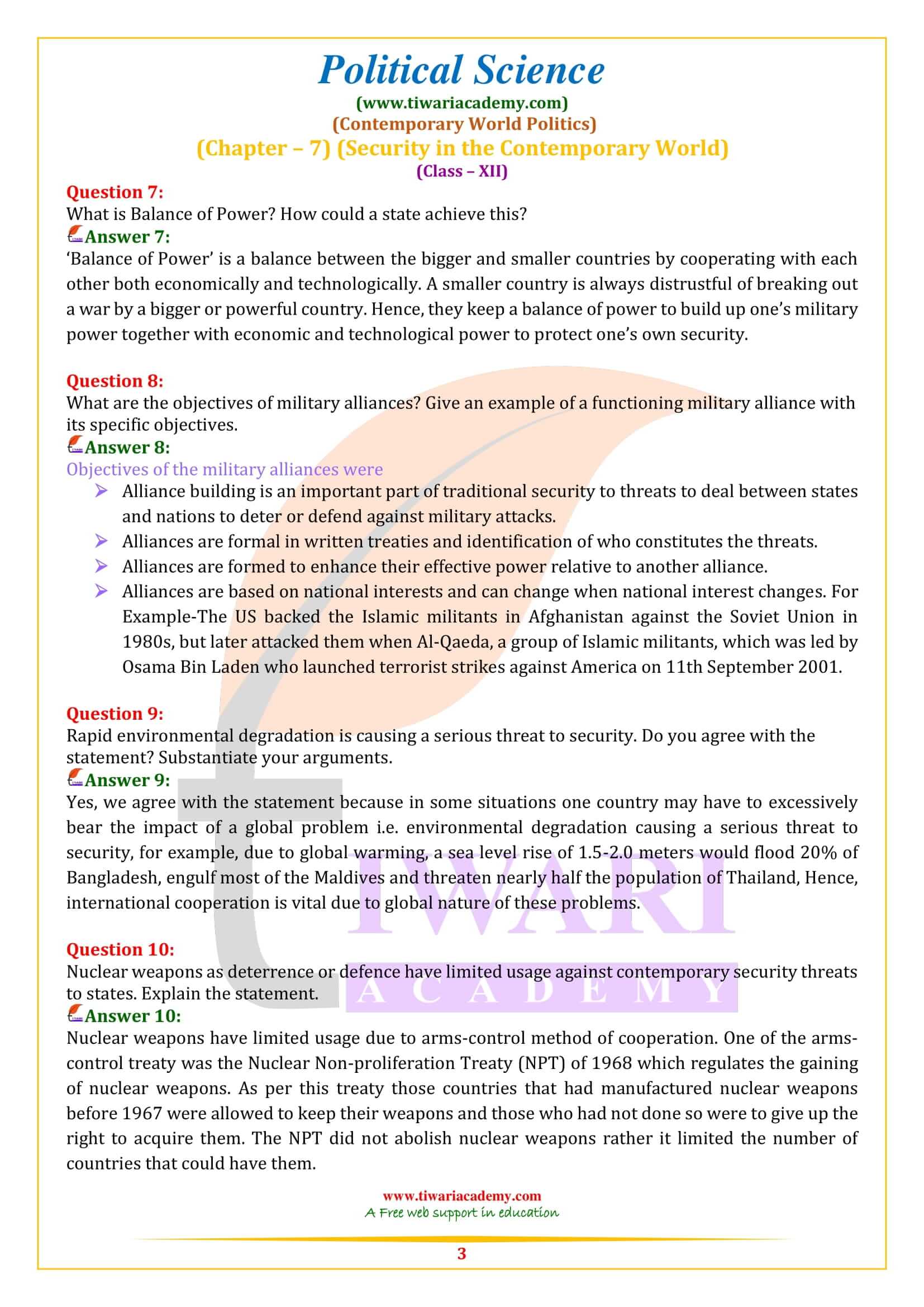 NCERT Solutions for Class 12 Political Science Chapter 7 in English Medium