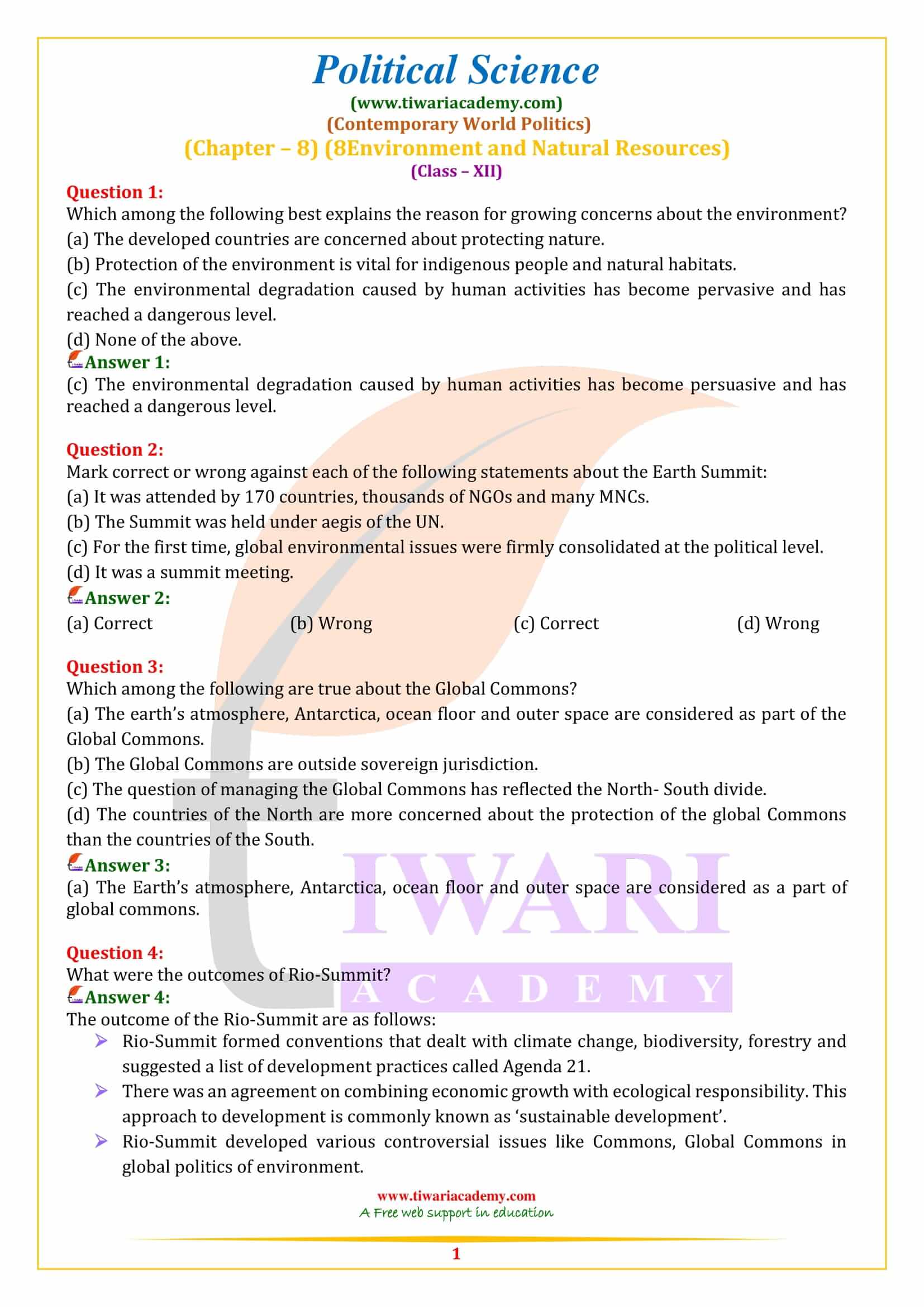 Class 12 Political Science Chapter 8 Environment and Natural Resources