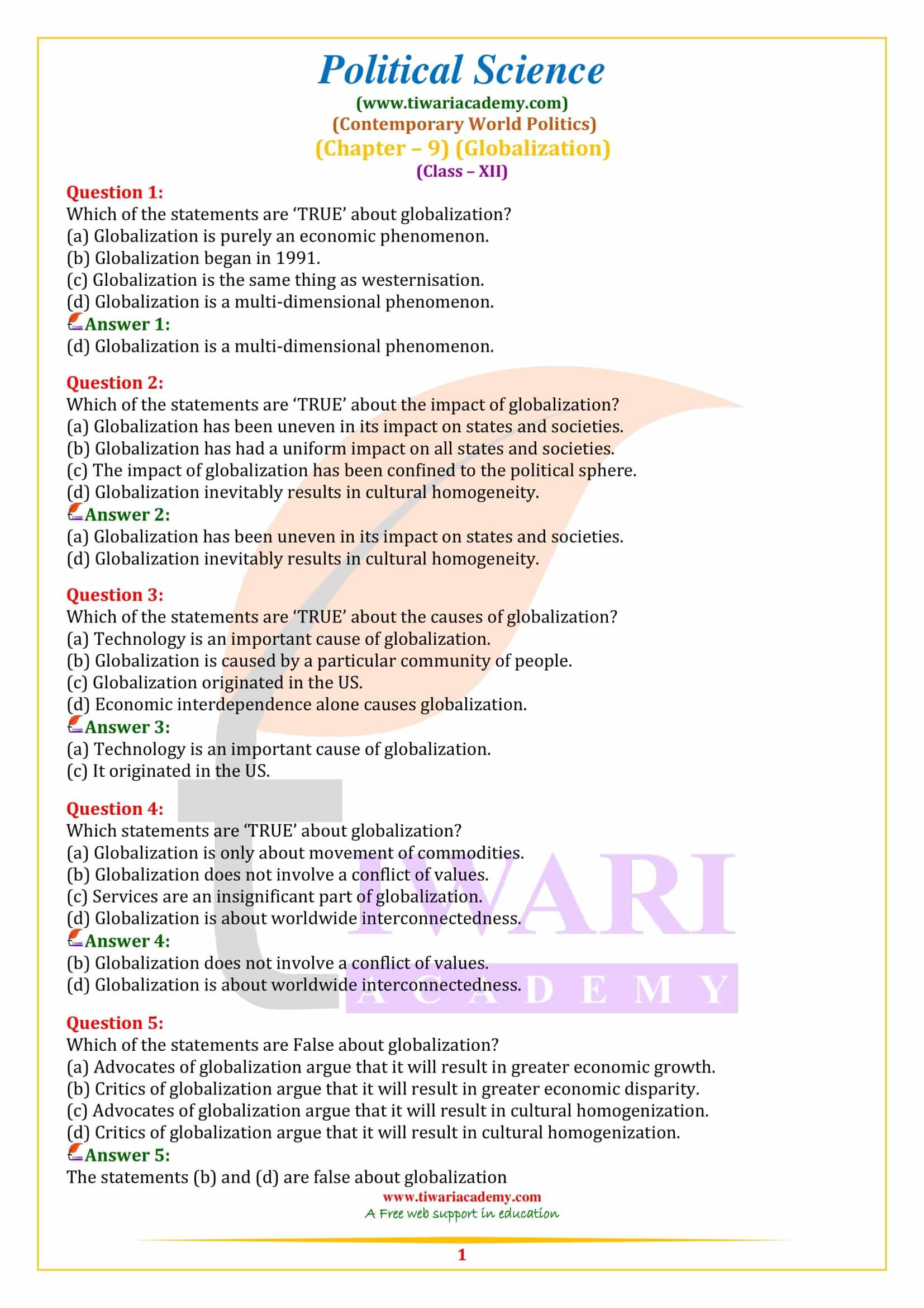 Class 12 Political Science Chapter 9 Globalisation