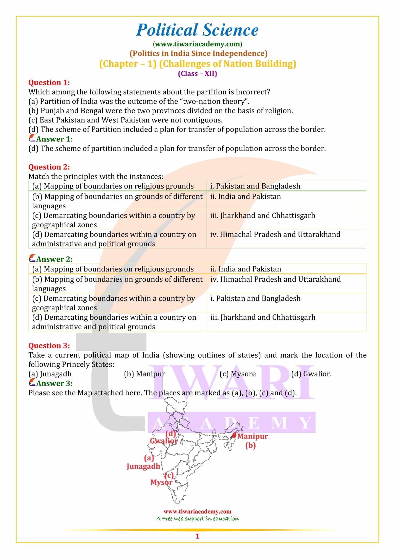 Class 12 Political Science Chapter 1 Challenges of Nation Building