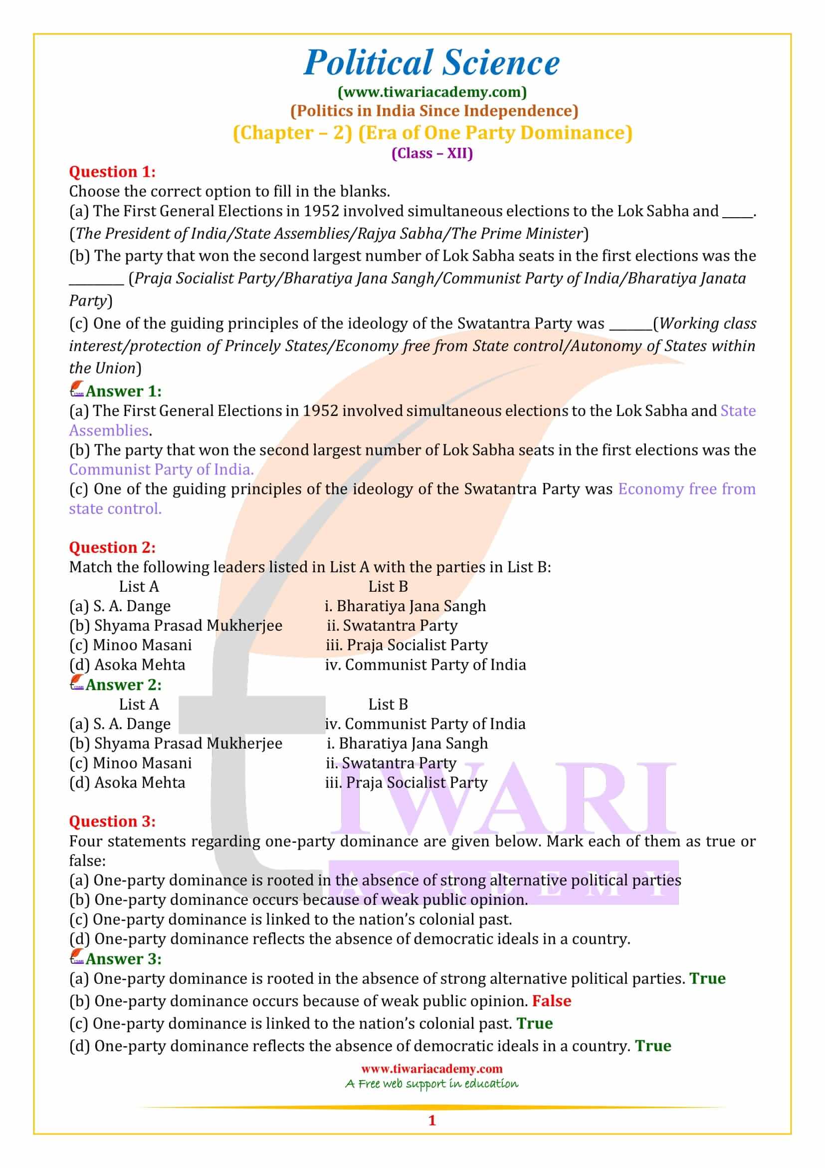 Class 12 Political Science Part 2 Chapter 2 Era of One-party Dominance