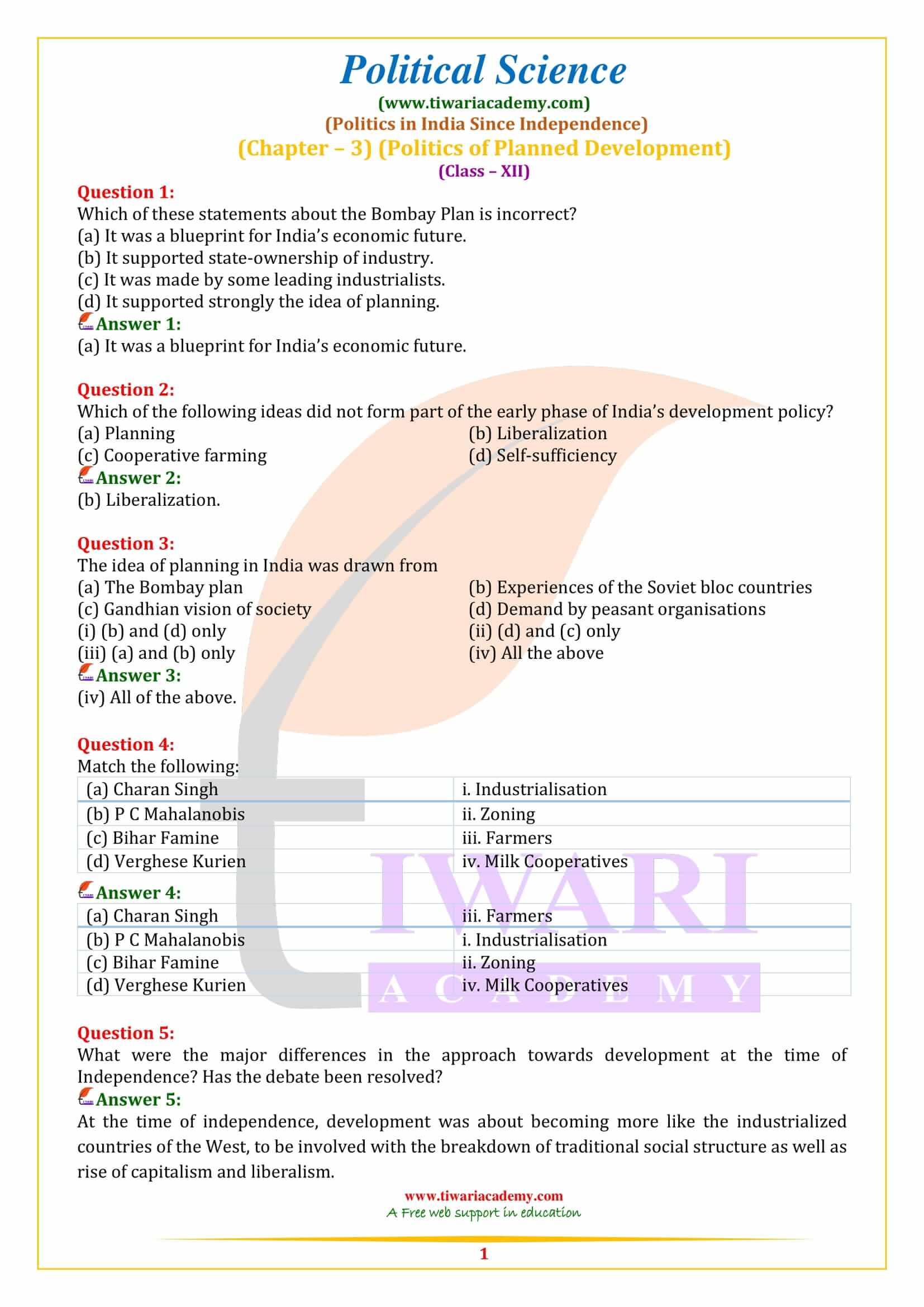 Class 12 Political Science Part 2 Chapter 3 Politics of Planned Development