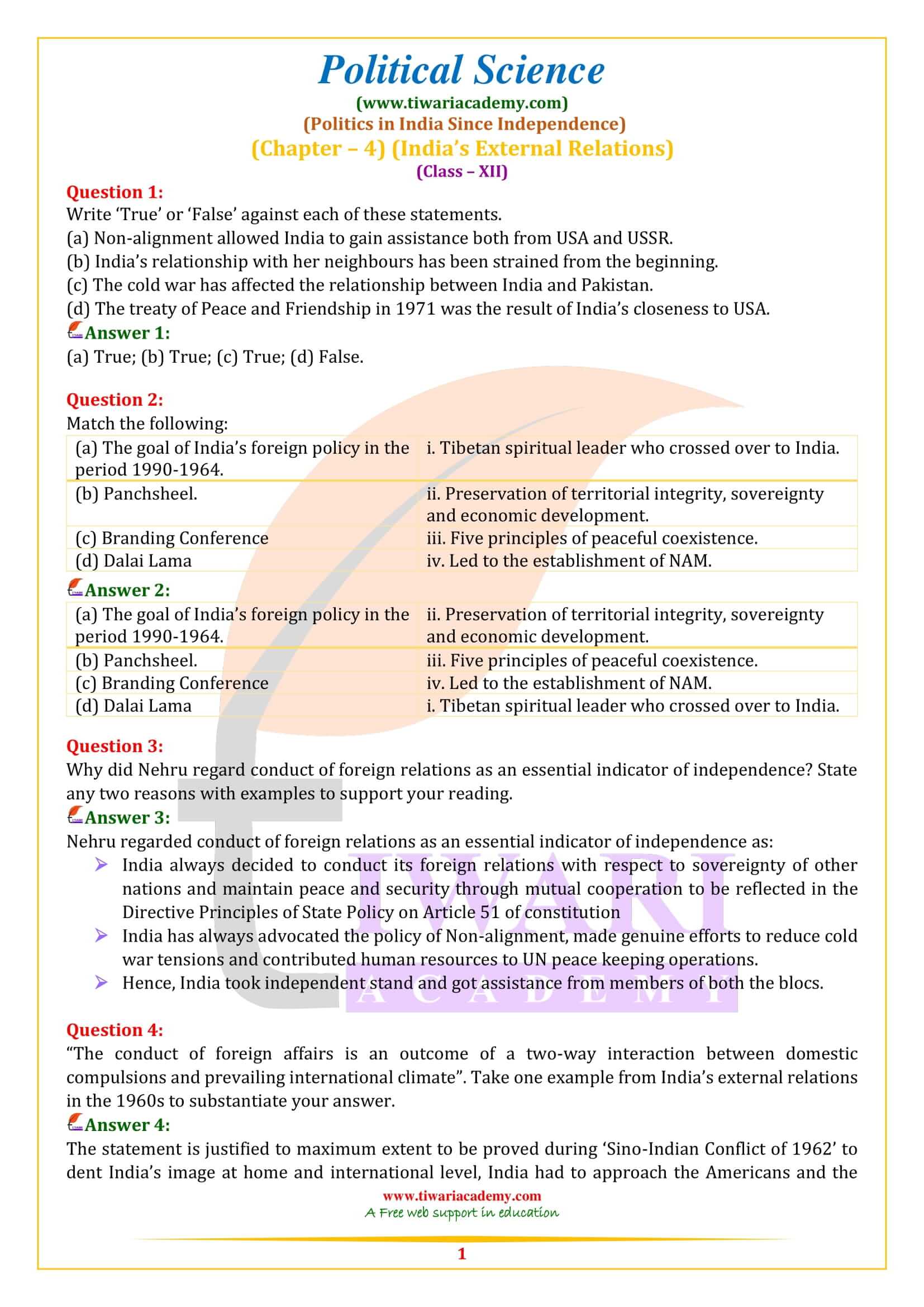 Class 12 Political Science Part 2 Chapter 4 India's External Relations