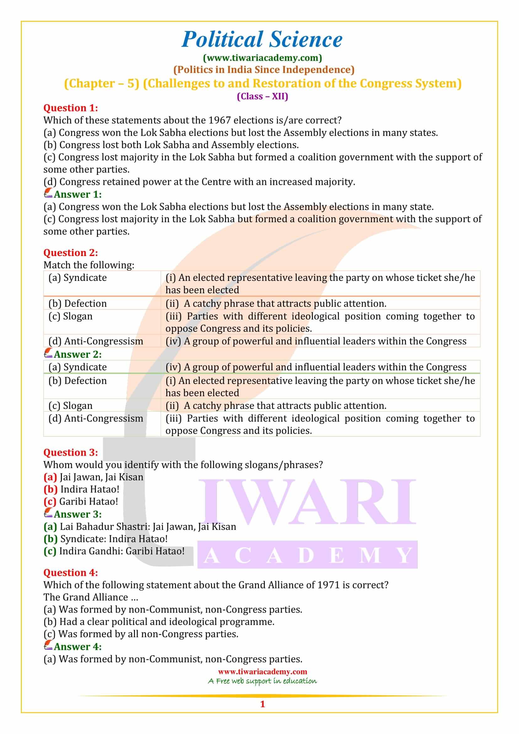 Political Science Part 2 Chapter 5 Challenges to and Restoration of the Congress System