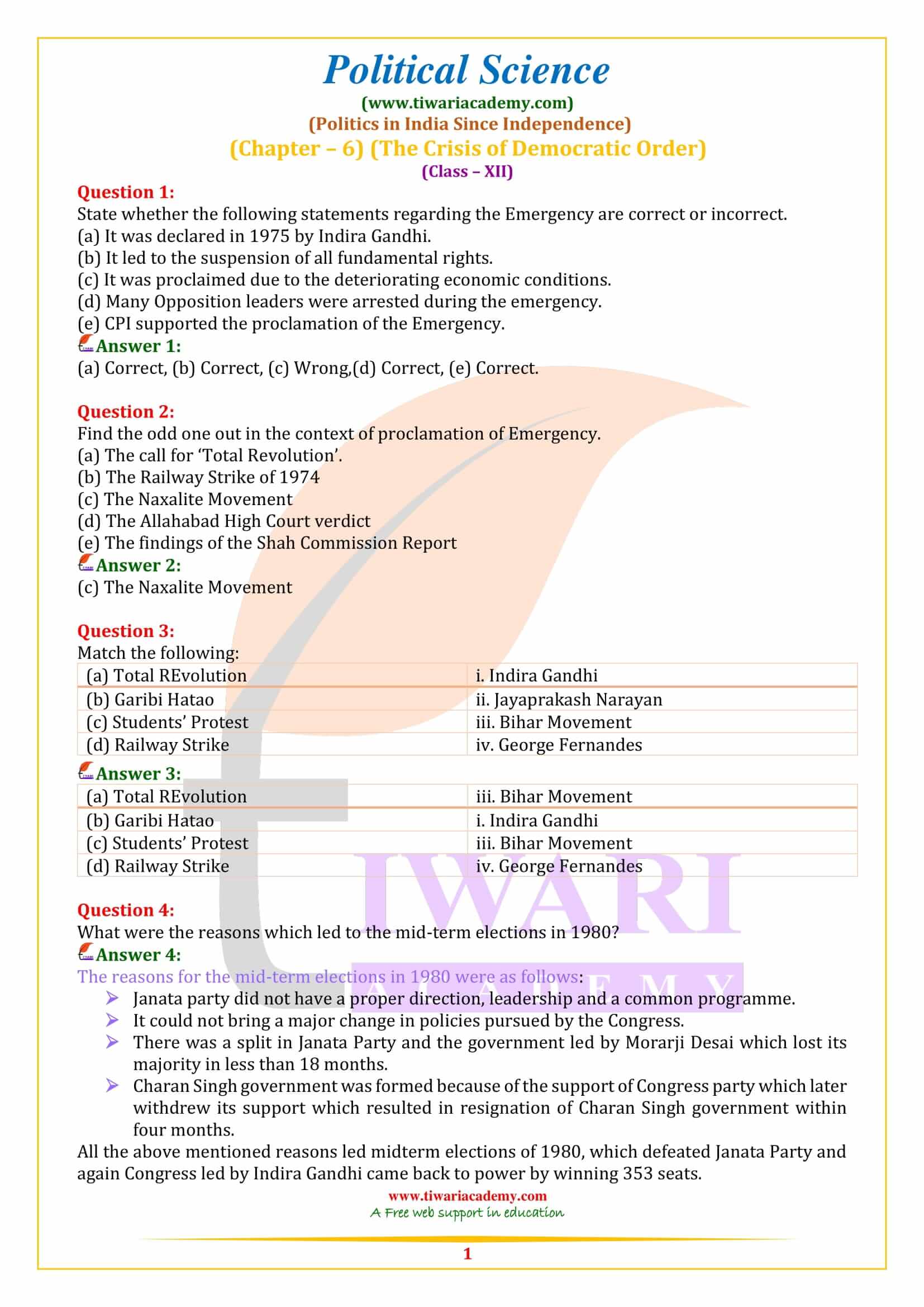 Class 12 Political Science Part 2 Chapter 6 the Crisis of Democratic Order