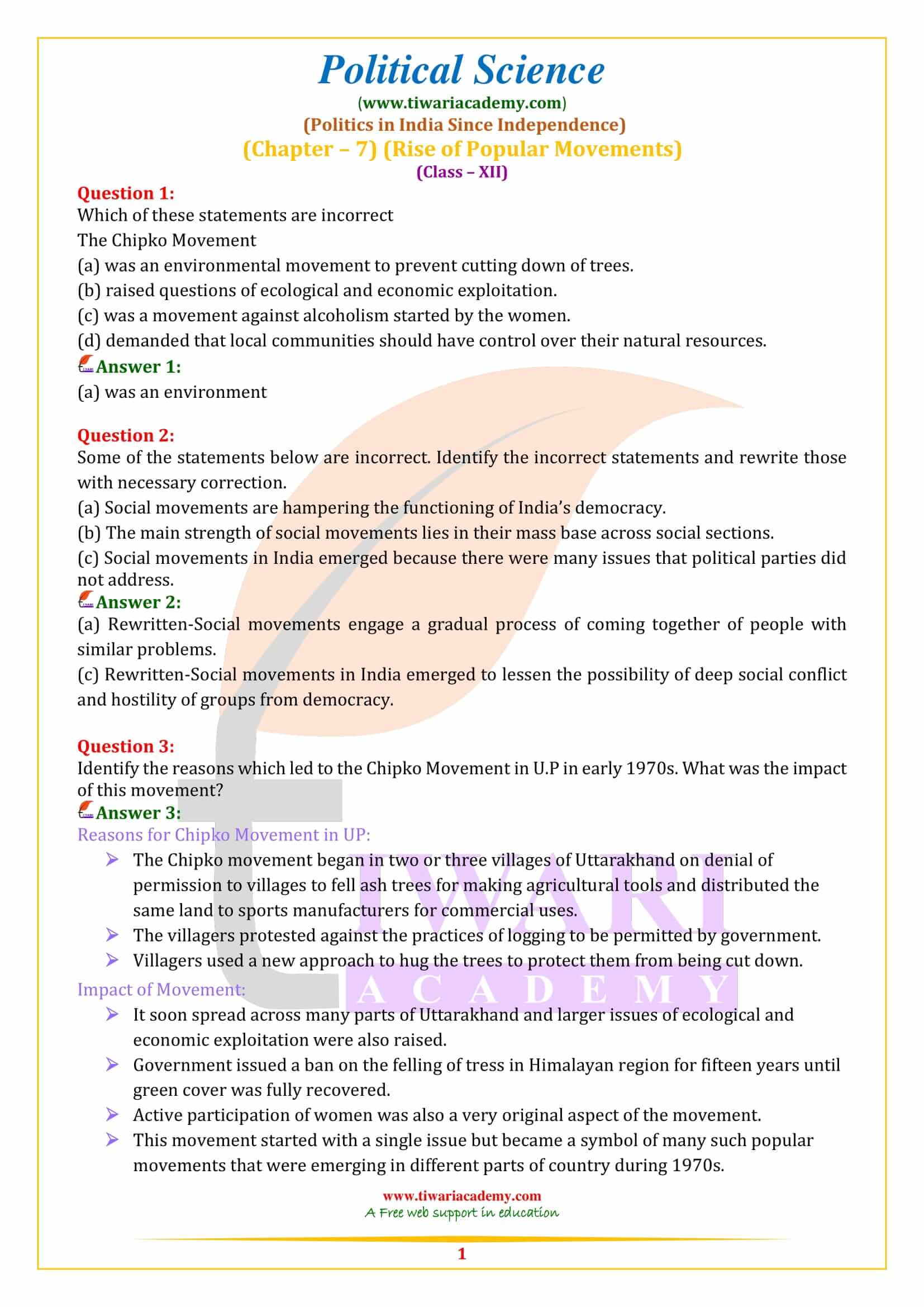 Class 12 Political Science Part 2 Chapter 7 Rise of Popular Movements