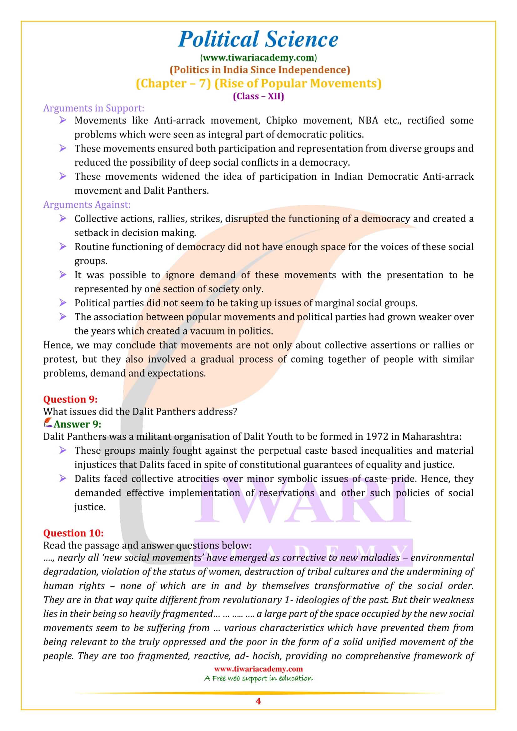 NCERT Solutions for Class 12 Political Science Part 2 Chapter 7 Answers