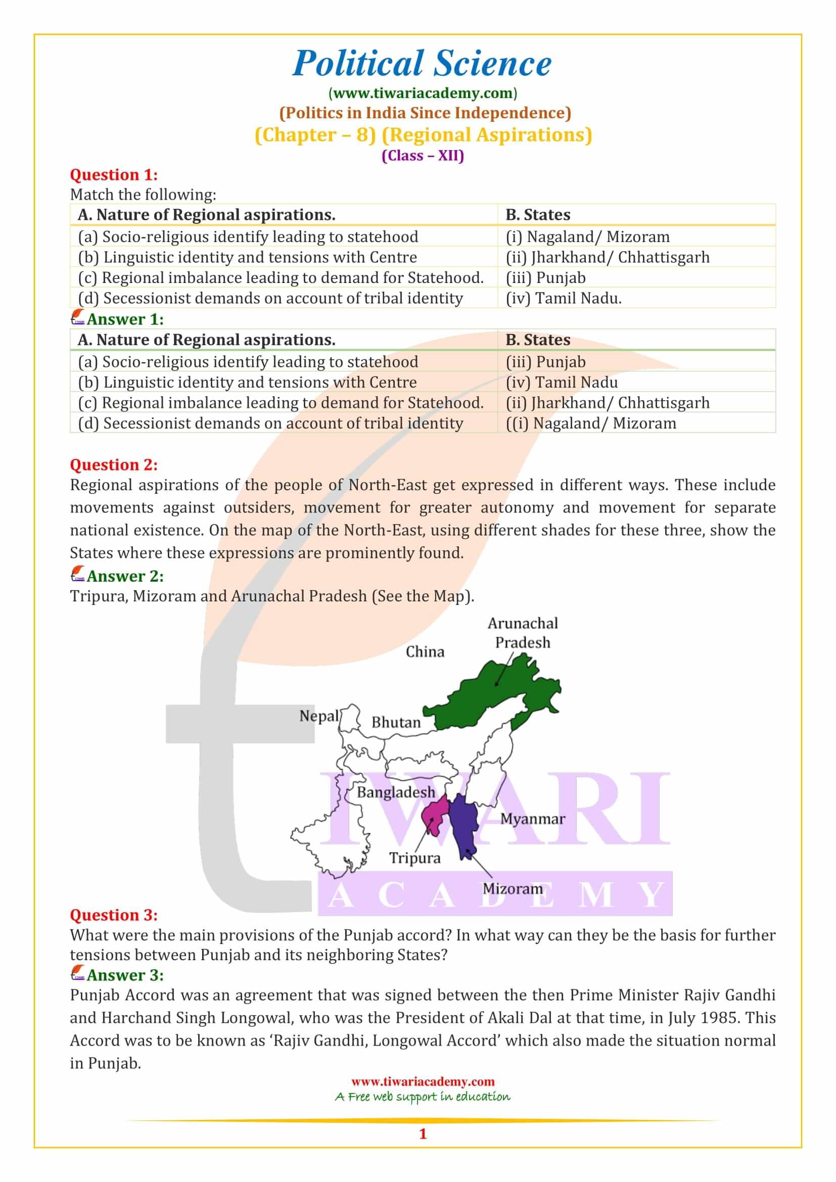 Class 12 Political Science Part 2 Chapter 8 Regional Aspirations