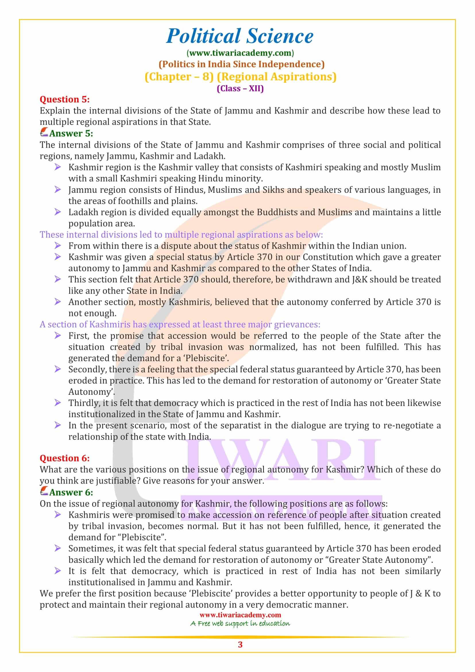 NCERT Solutions for Class 12 Political Science Part 2 Chapter 8 in English Medium