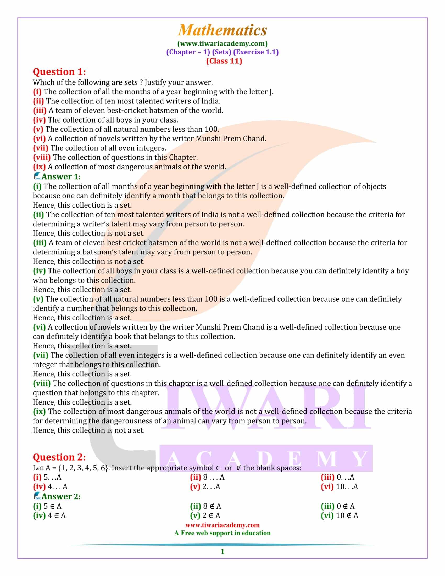 NCERT Solutions for Class 11 Maths Exercise 1.1