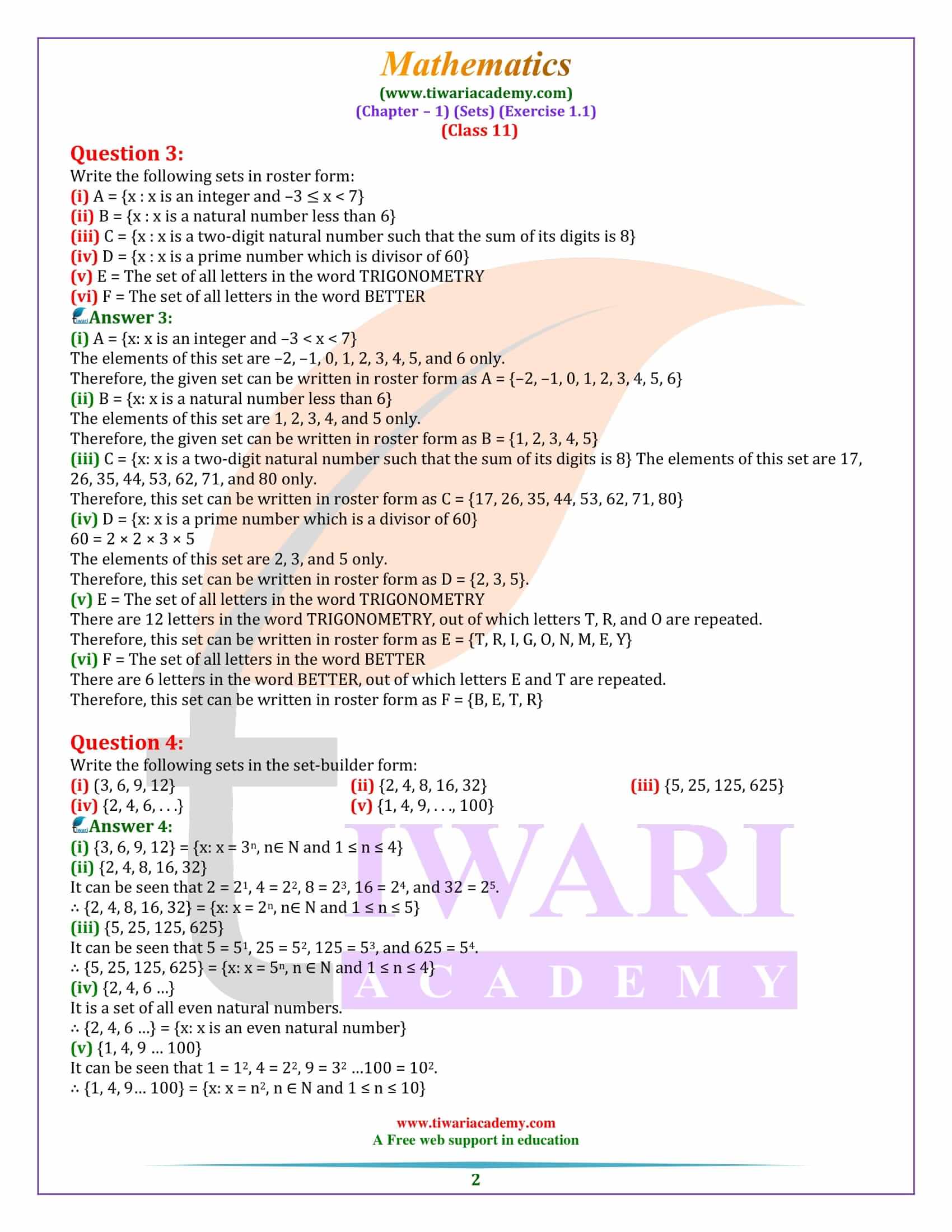 NCERT Solutions for Class 11 Maths Exercise 1.1 in Hindi and English medium