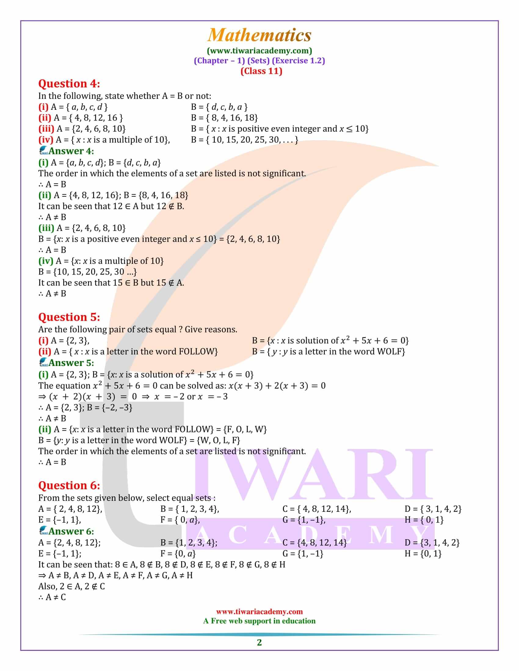 Class 11 Maths Exercise 1.2 Sets solutions
