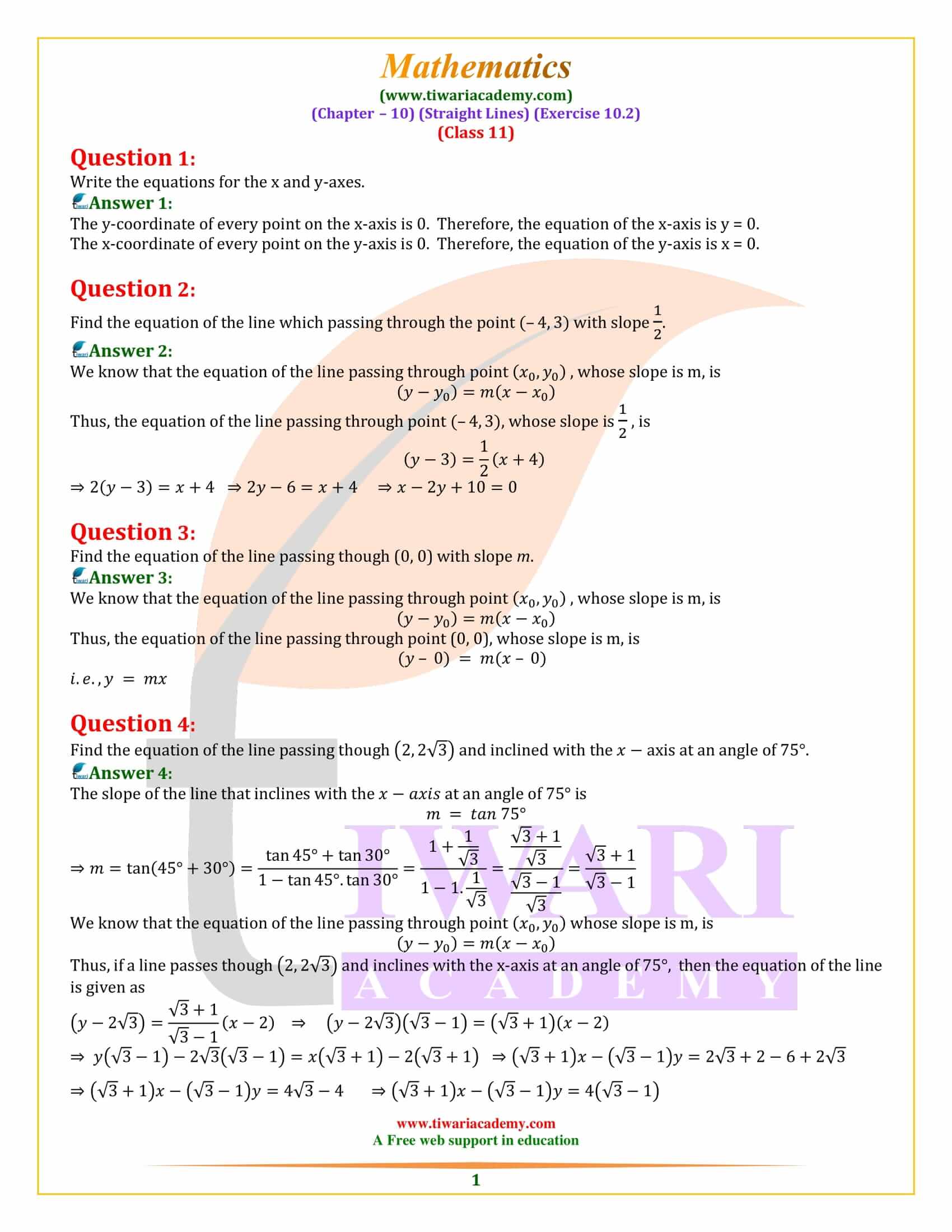 Class 11 Maths Exercise 10.2 Straight Lines