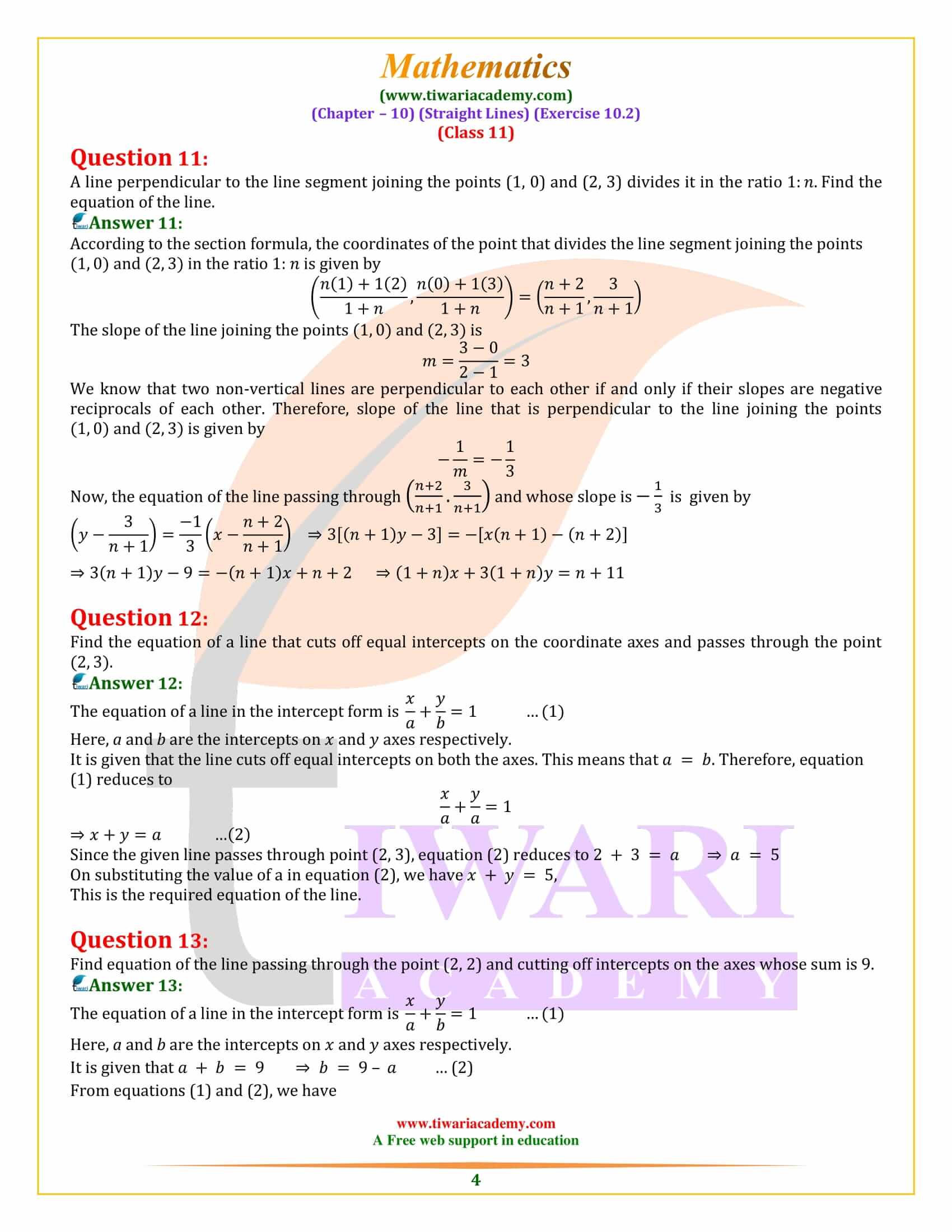 NCERT Solutions for Class 11 Maths Exercise 10.2 in Hindi and English