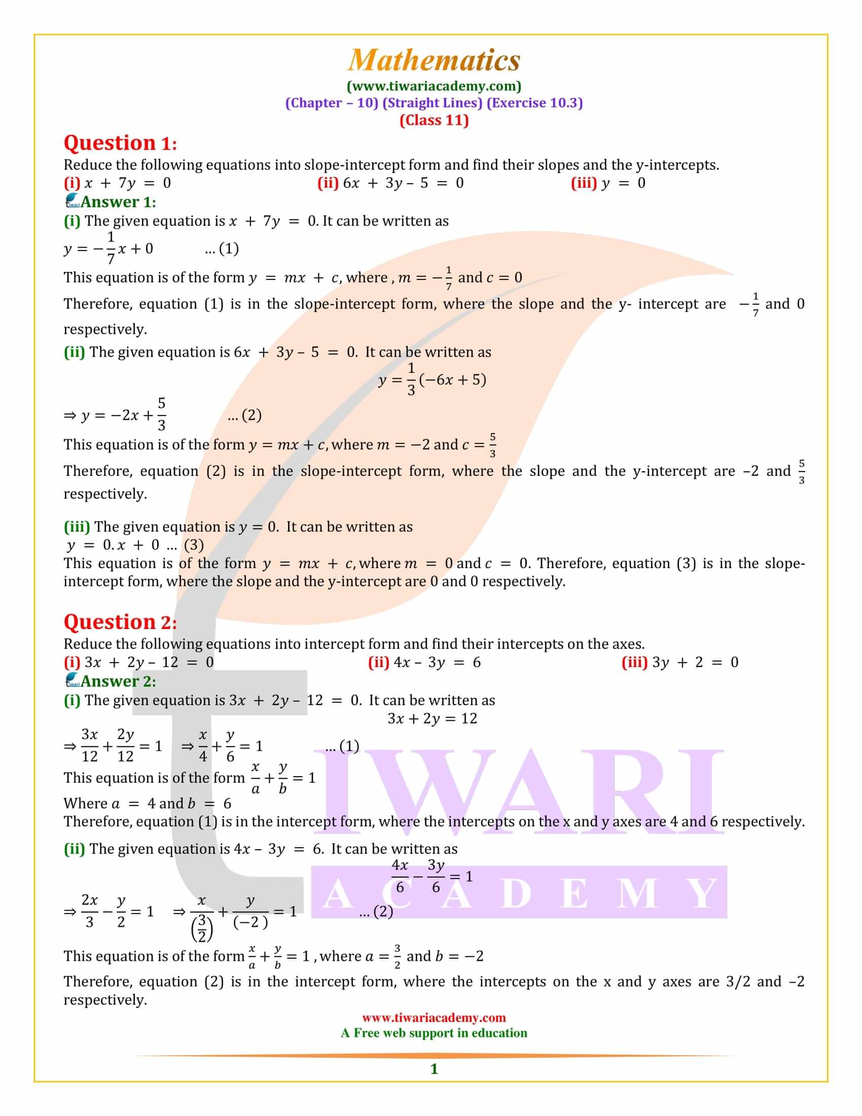 Class 11 Maths Exercise 10.3 Straight Lines