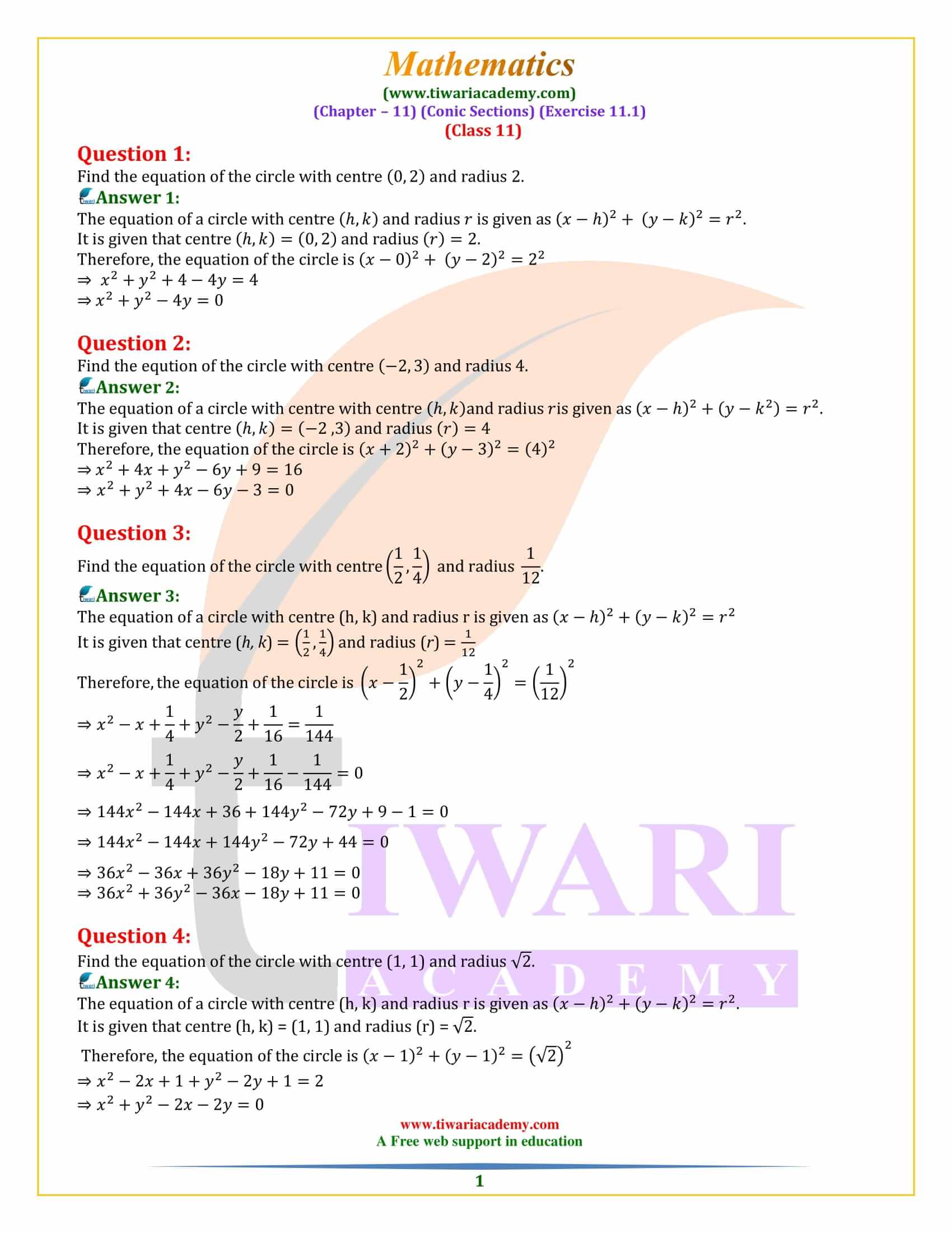 Class 11 Maths Exercise 11.1 Conic Sections