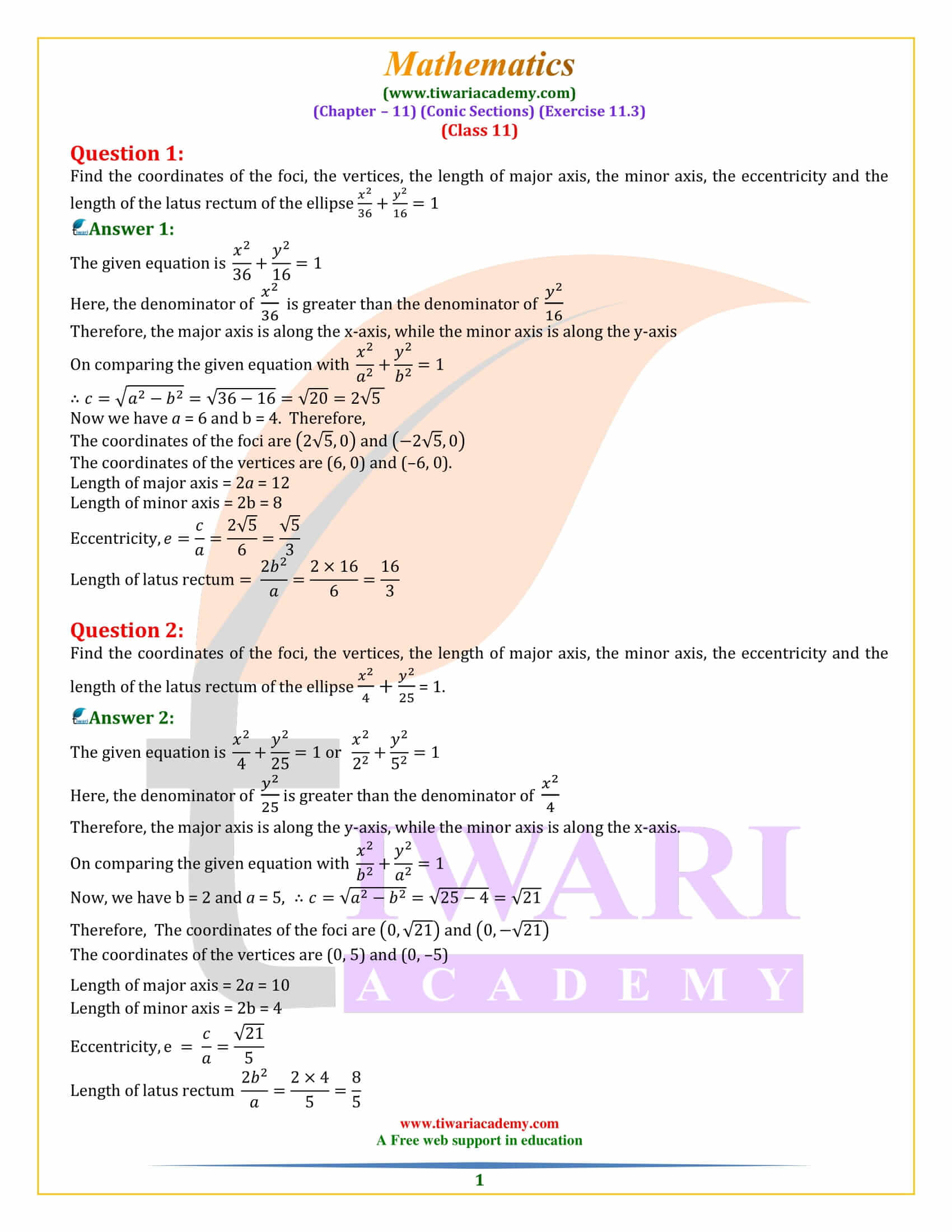 Class 11 Maths Exercise 11.3 Conic Sections