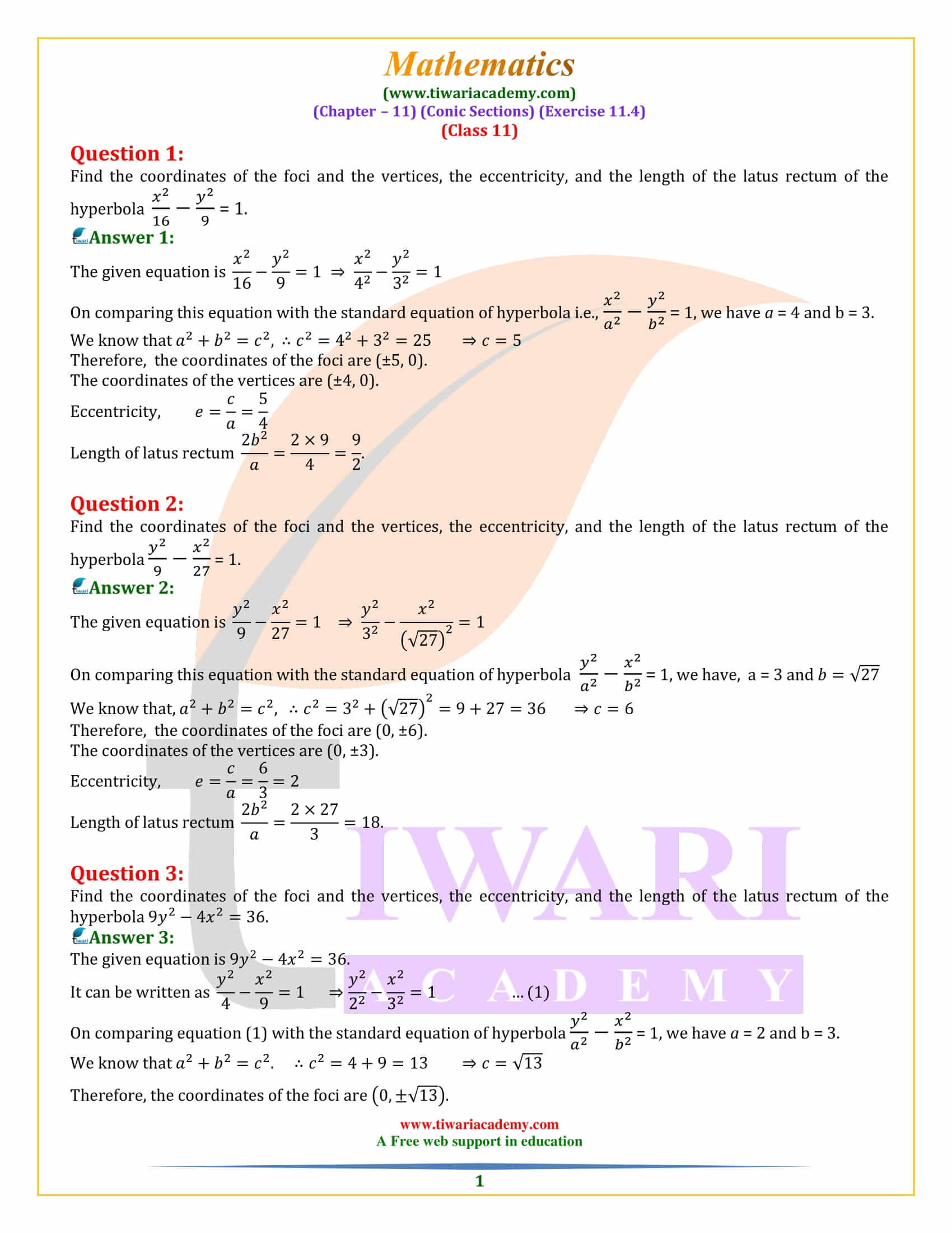 Class 11 Maths Exercise 11.4 Conic Sections