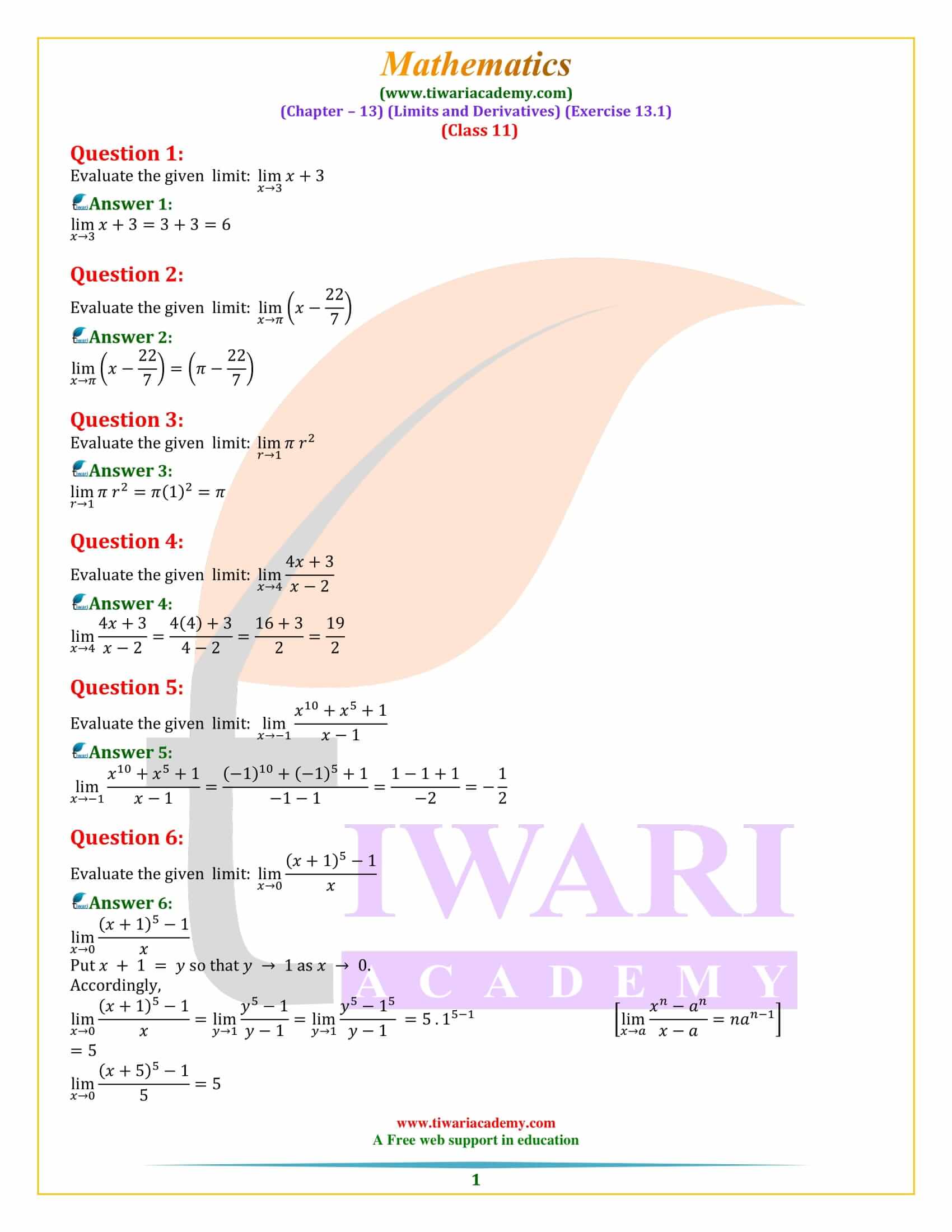 Class 11 Maths Exercise 13.1 Limits and Derivatives