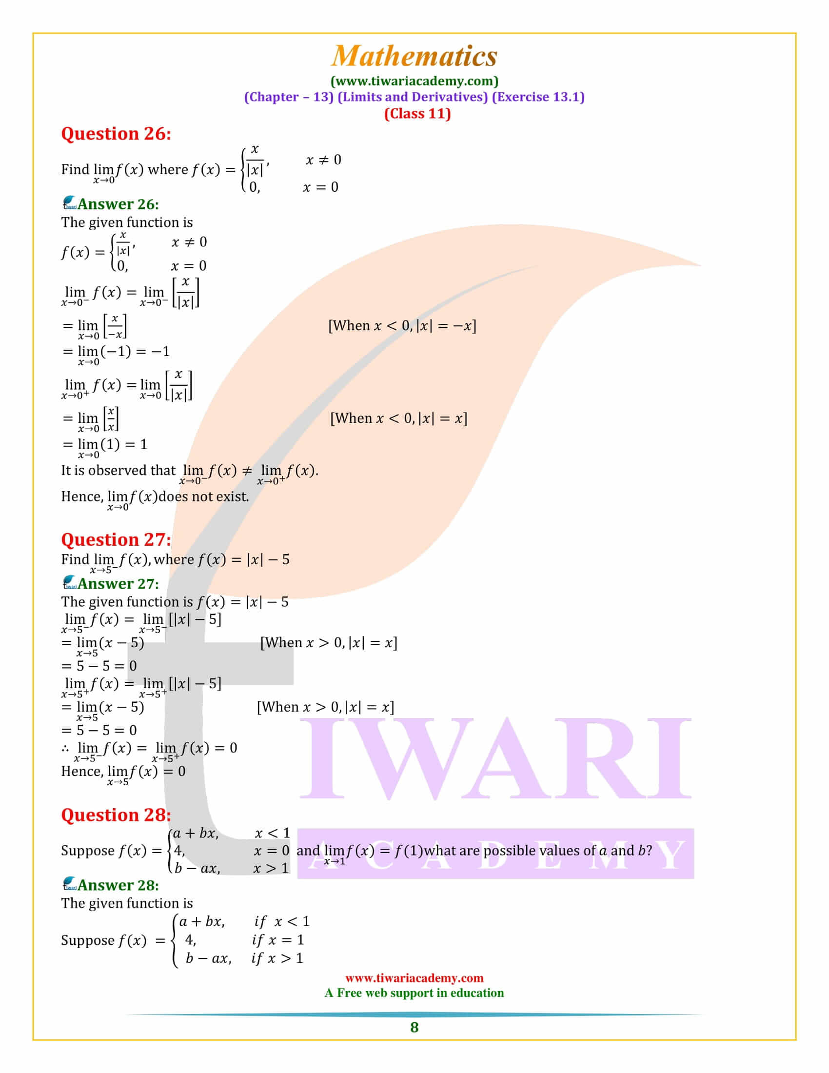 NCERT Solutions for Class 11 Maths Exercise 13.1 free pdf