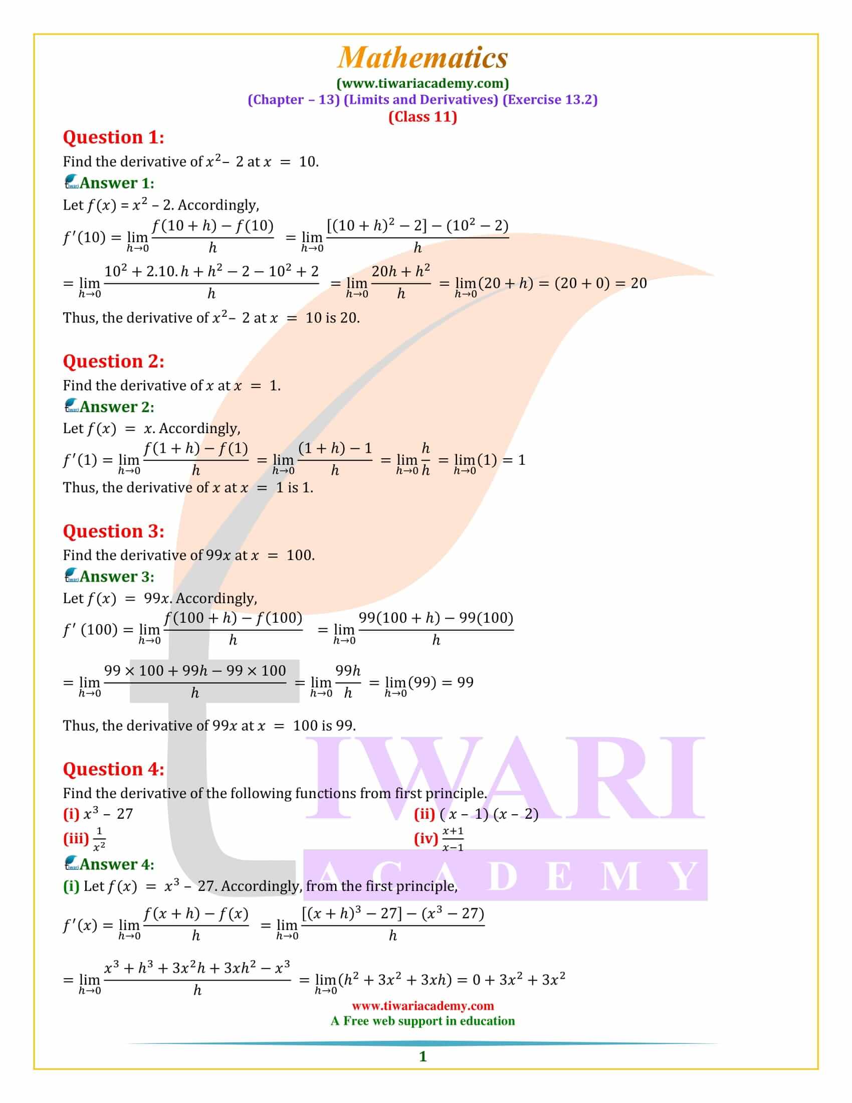 Class 11 Maths Exercise 13.2 Limits and Derivatives