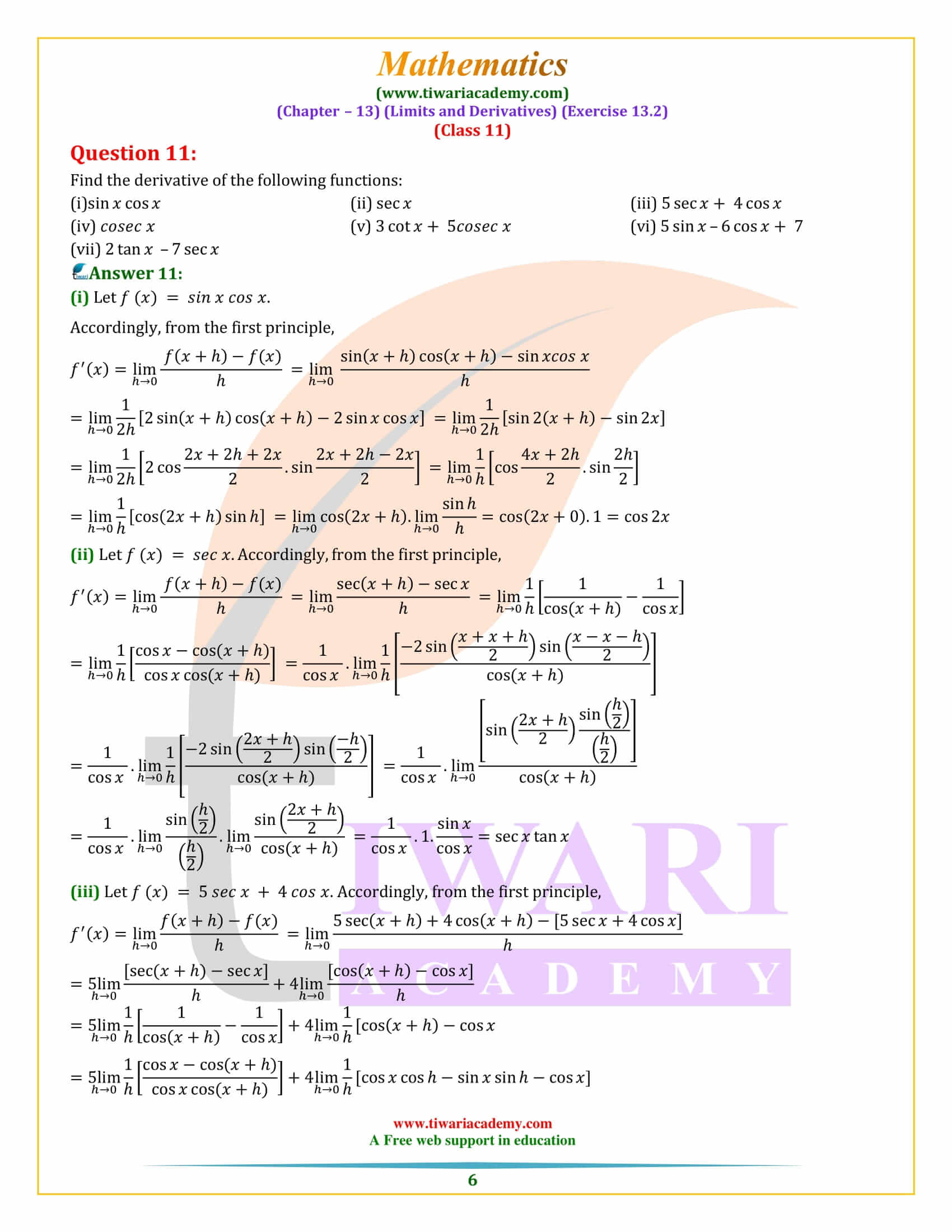 NCERT Solutions for Class 11 Maths Exercise 13.2 in English and Hindi