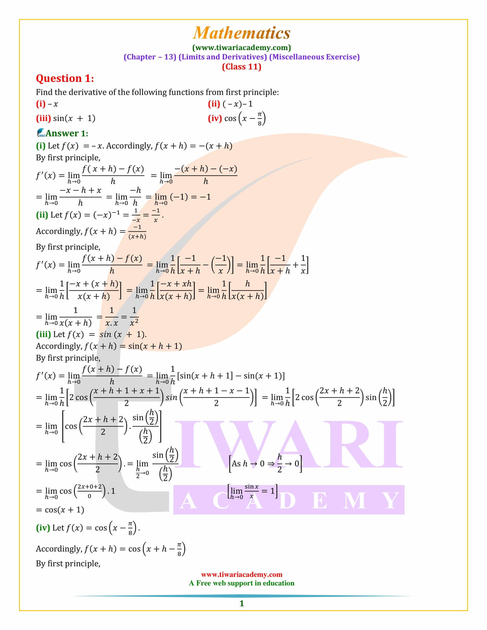 Class 11 Maths Chapter 13 Miscellaneous Exercise Limits and Derivatives
