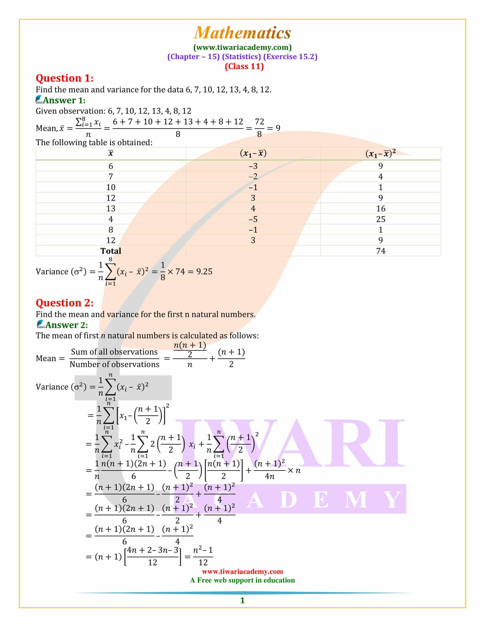 Class 11 Maths Exercise 15.2 Statistics