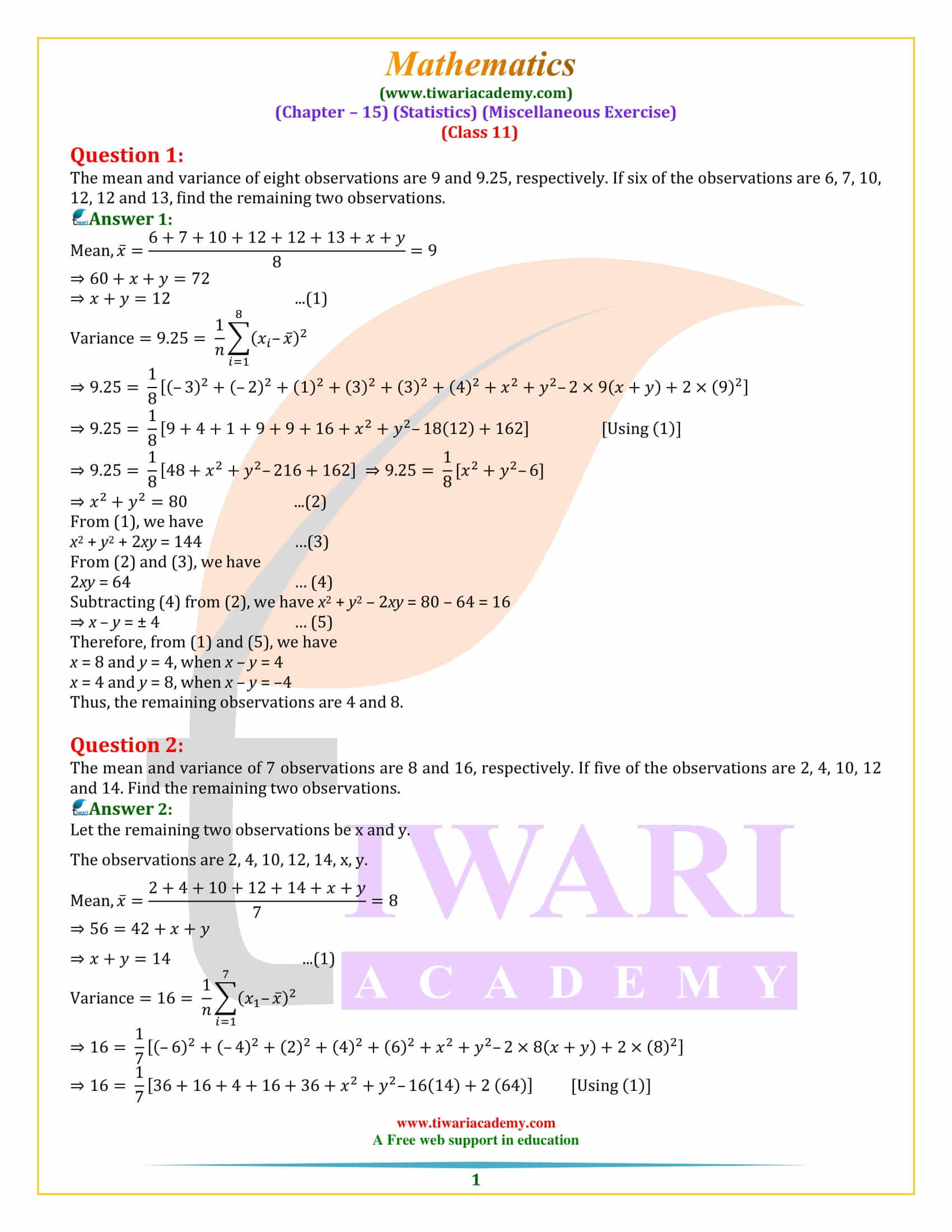 Class 11 Maths Chapter 15 Miscellaneous Exercise Statistics